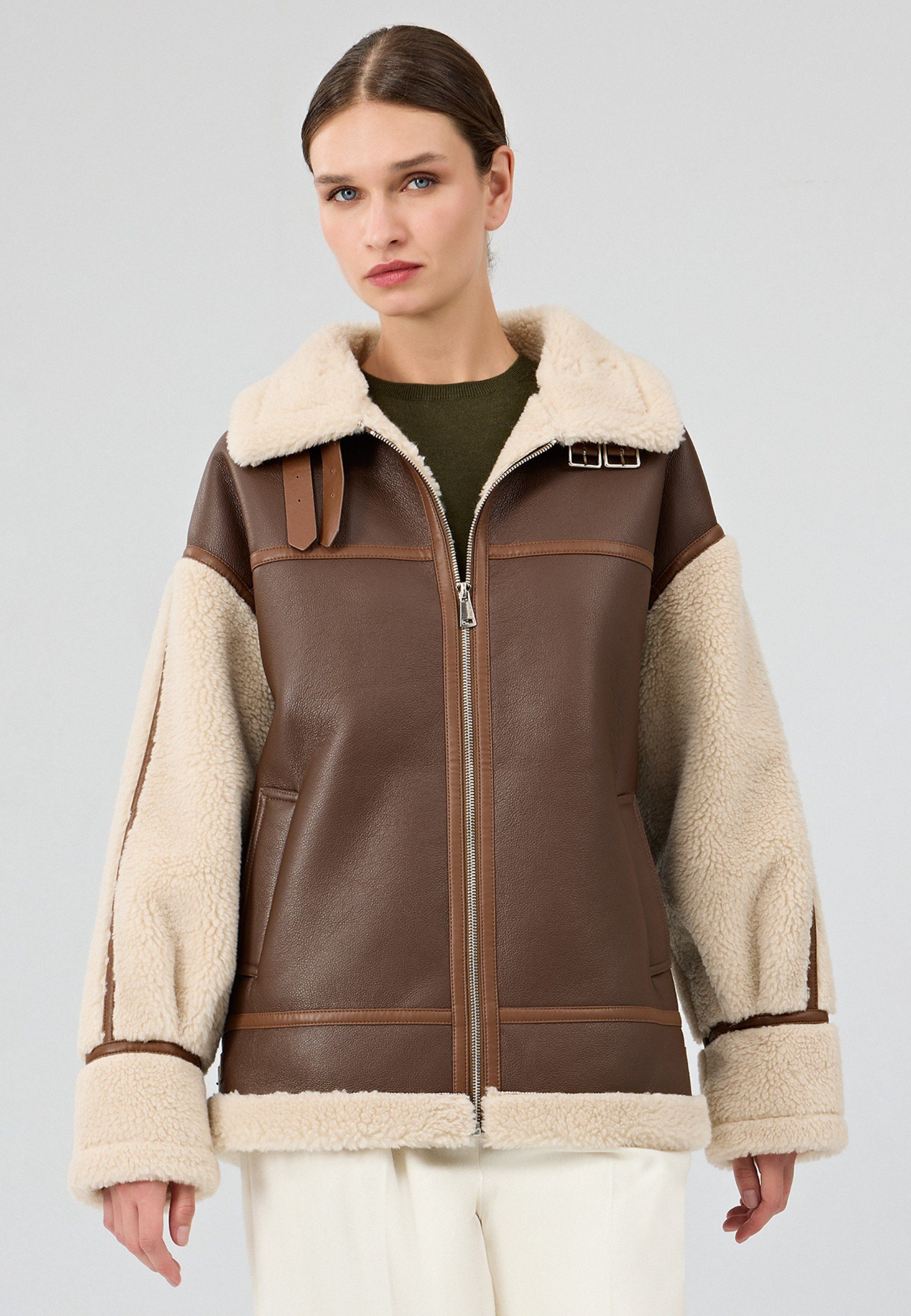 Derimod Lederjacke Helsinki Teddy Jacke Regular Fit, Reißverschluss, Umlegekragen, Kurz, Plüsch