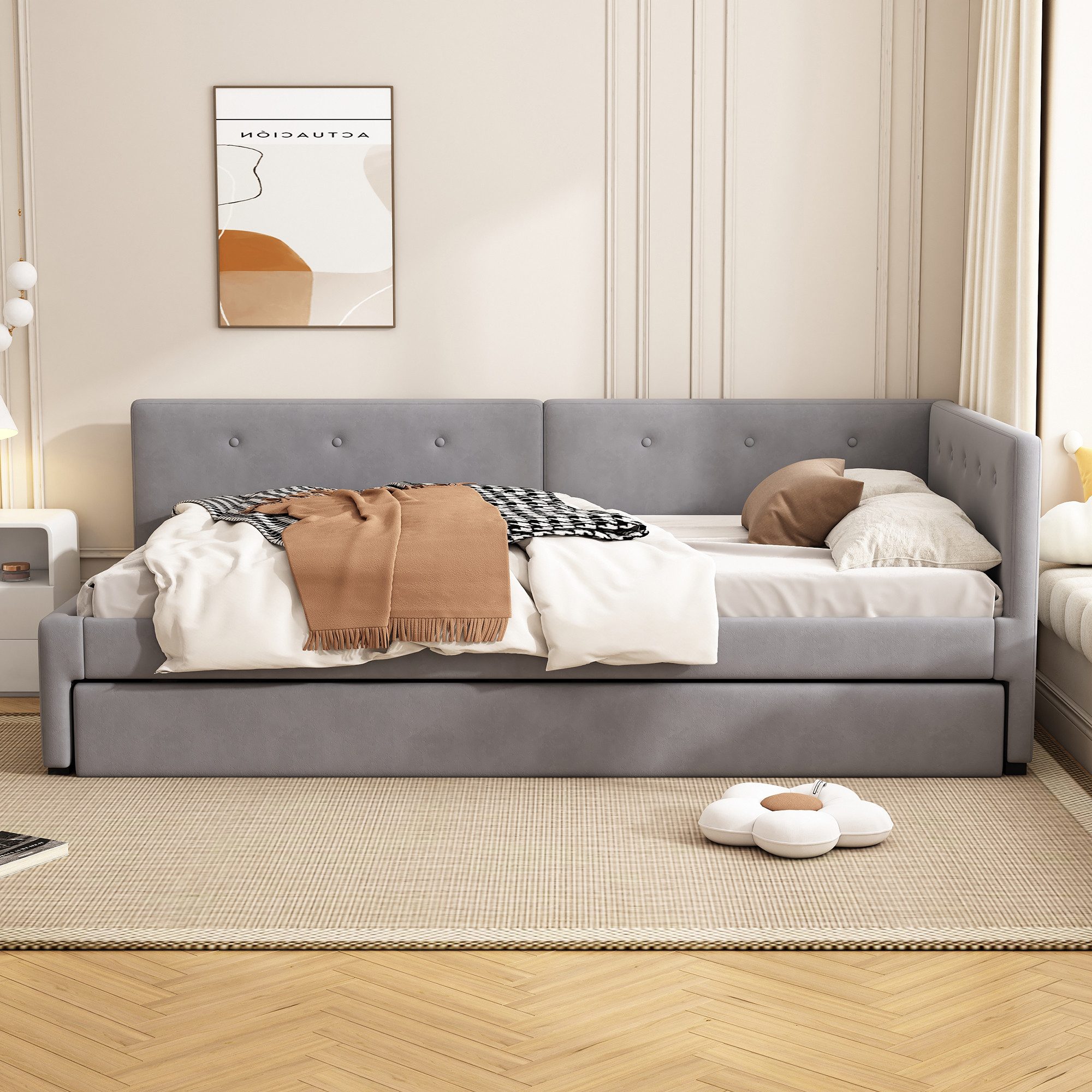 Flieks Daybett, Tagesbett Schlafsofa Polsterbett 90x200cm mit Ausziehbett 90x190cm