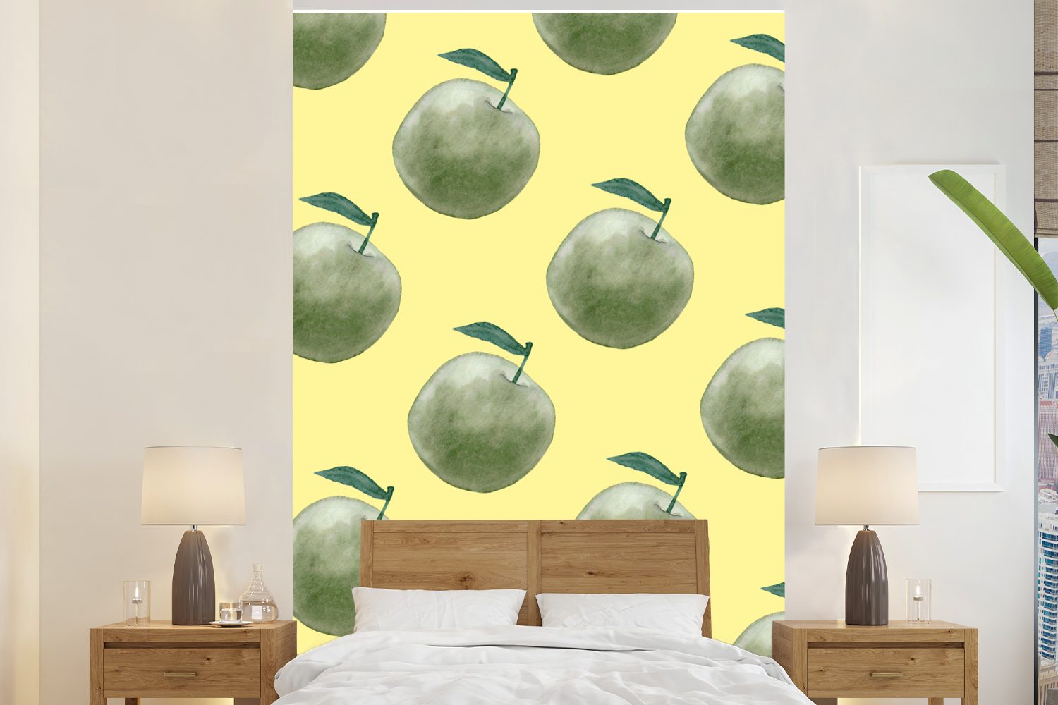 MuchoWow Fototapete Äpfel - Grün - Gelb, Matt, bedruckt, (3 St), Montagefertig Vinyl Tapete für Wohnzimmer, Wandtapete
