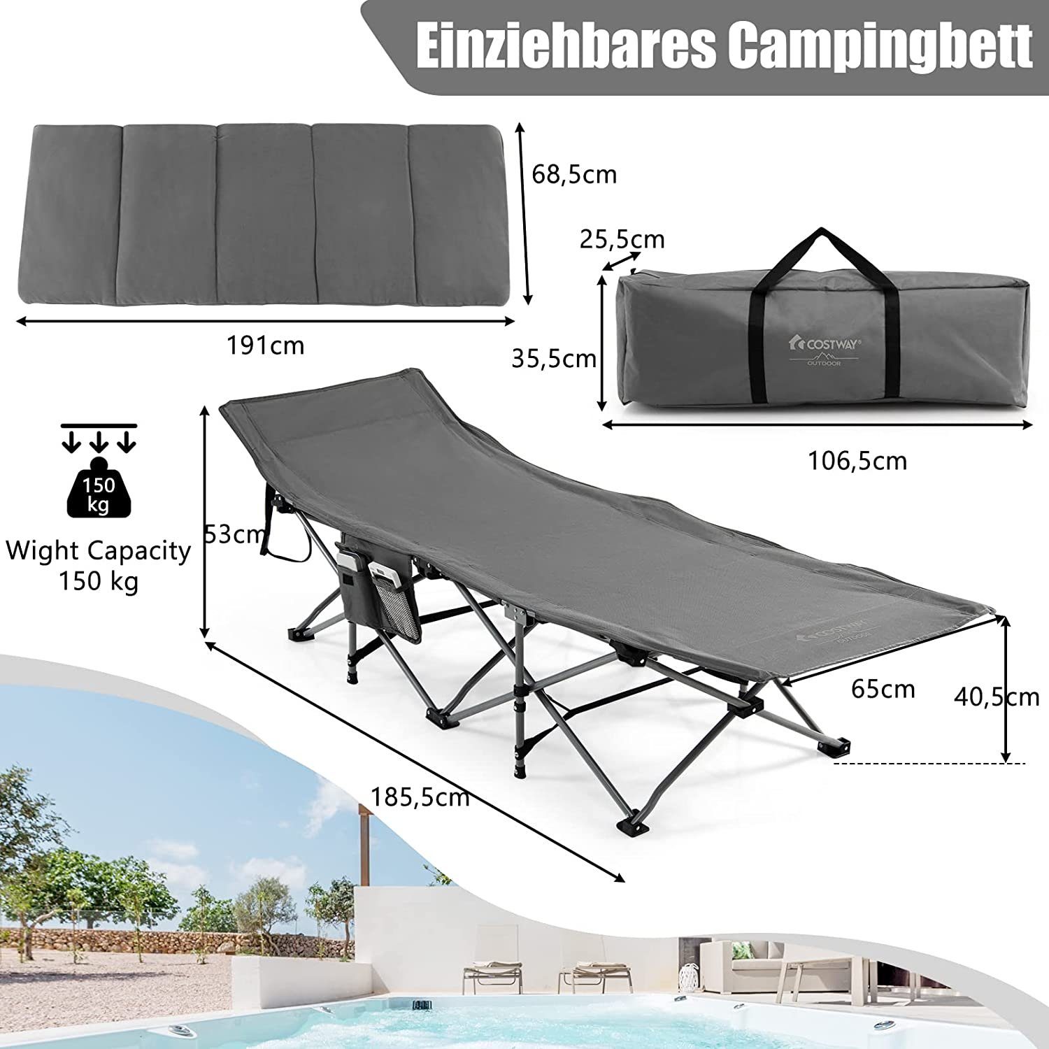 KOMFOTTEU Campingliege Klappbares & Grau Abnehmbarer mit Schlafbett Matratze tragbares Kissen Campingbett