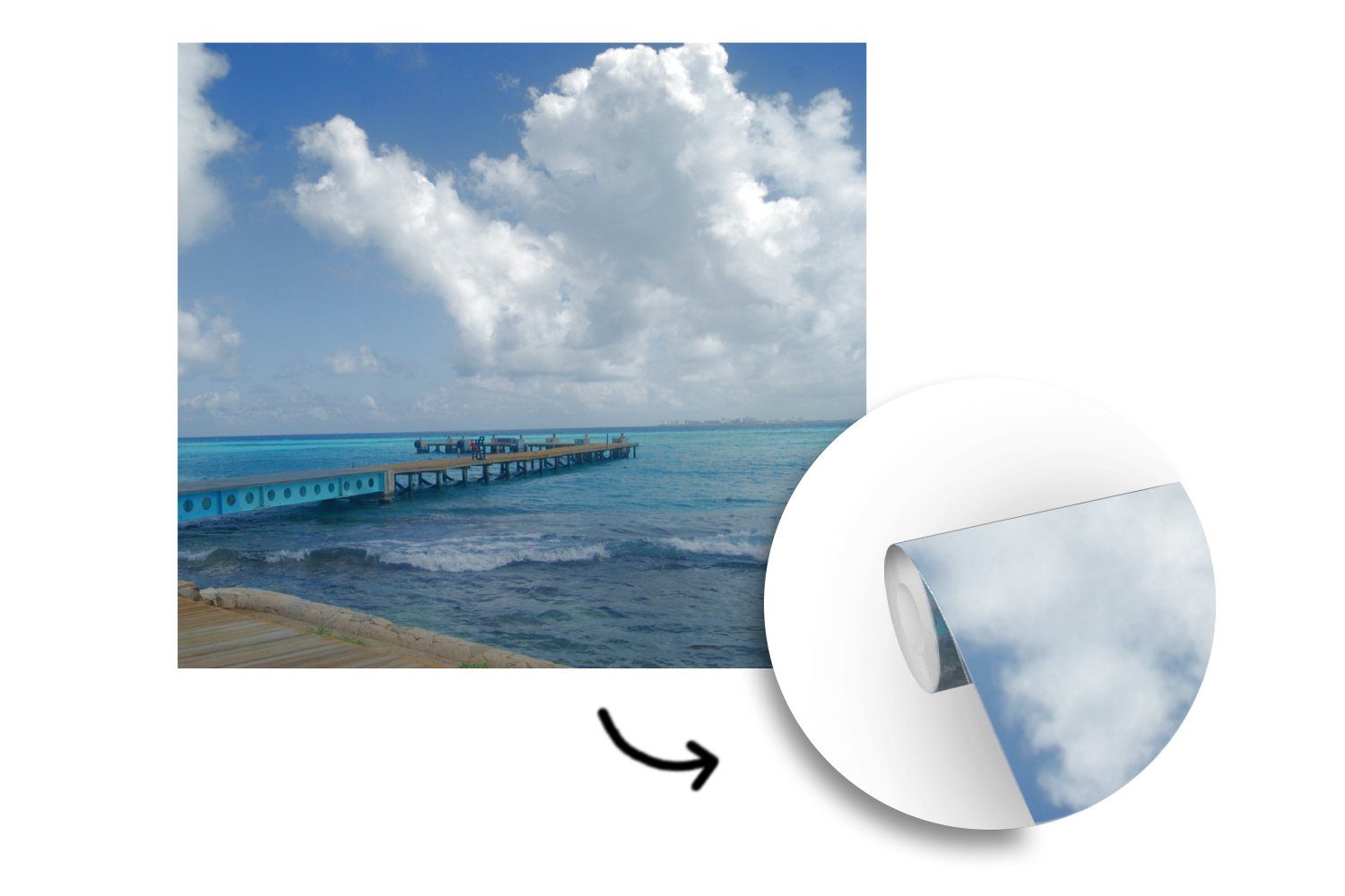 MuchoWow Fototapete Pier im Karibischen (5 für Schlafzimmer, Wandtapete Tapete Vinyl Wohnzimmer Matt, St), bei bedruckt, Mujeres, oder Isla Meer
