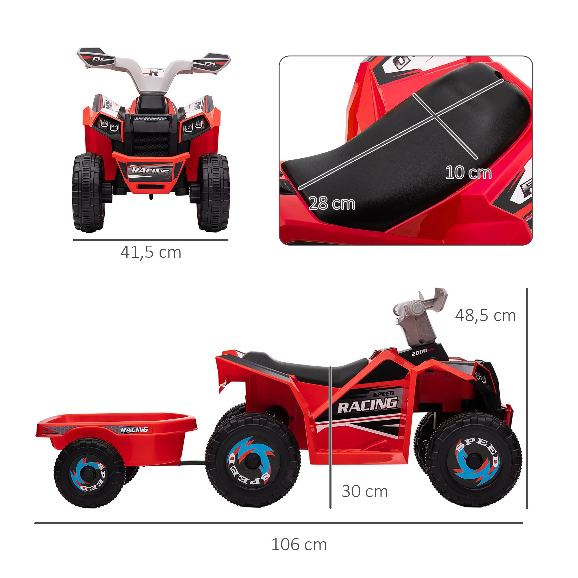 HOMCOM Elektro-Kinderquad 6V Kinderquad, Kinderfahrzeug, Elektroauto mit Anhänger, Belastbarkeit 25 kg, (1-tlg), für Kinder, Rot