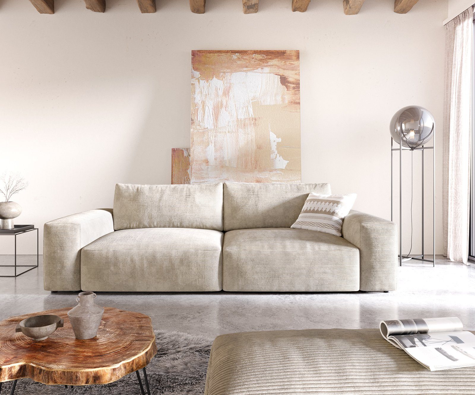 DELIFE Big-Sofa Lanzo, XL Cord Beige 270x130 cm mit Hocker günstig online kaufen