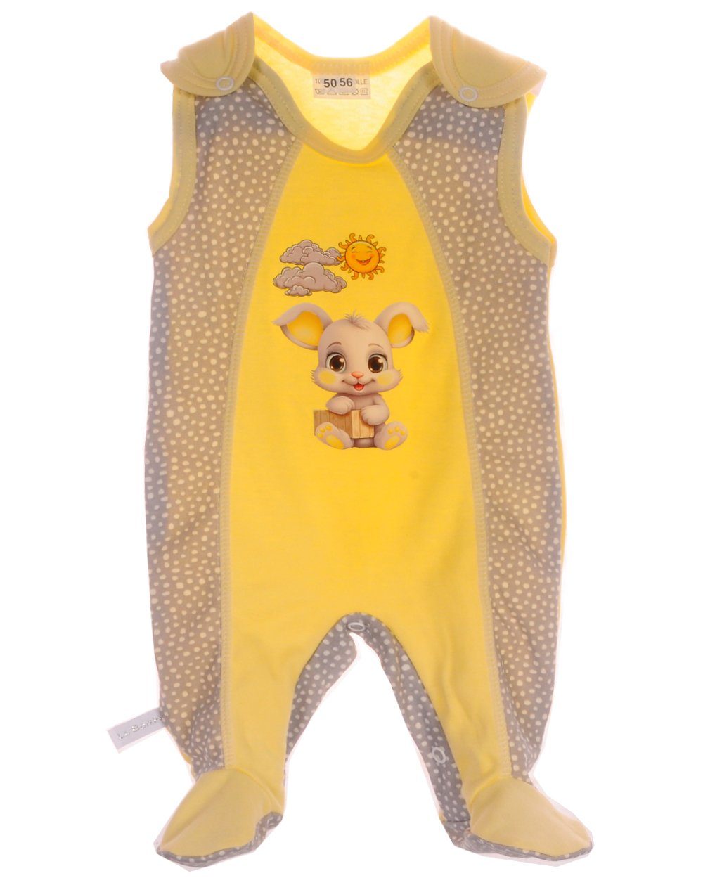 Overall Baby Einteiler Strampler ärmellos in Gelb mit Hasen