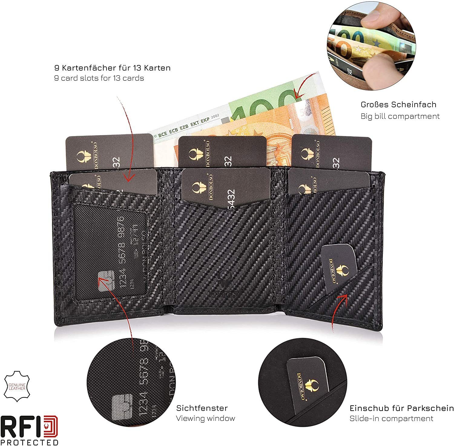 Donbolso & RFID Kartenfächern 9 Slim Carbon mit Münzfachmodernleder Wallet Ohne Geldbörse Schutz,