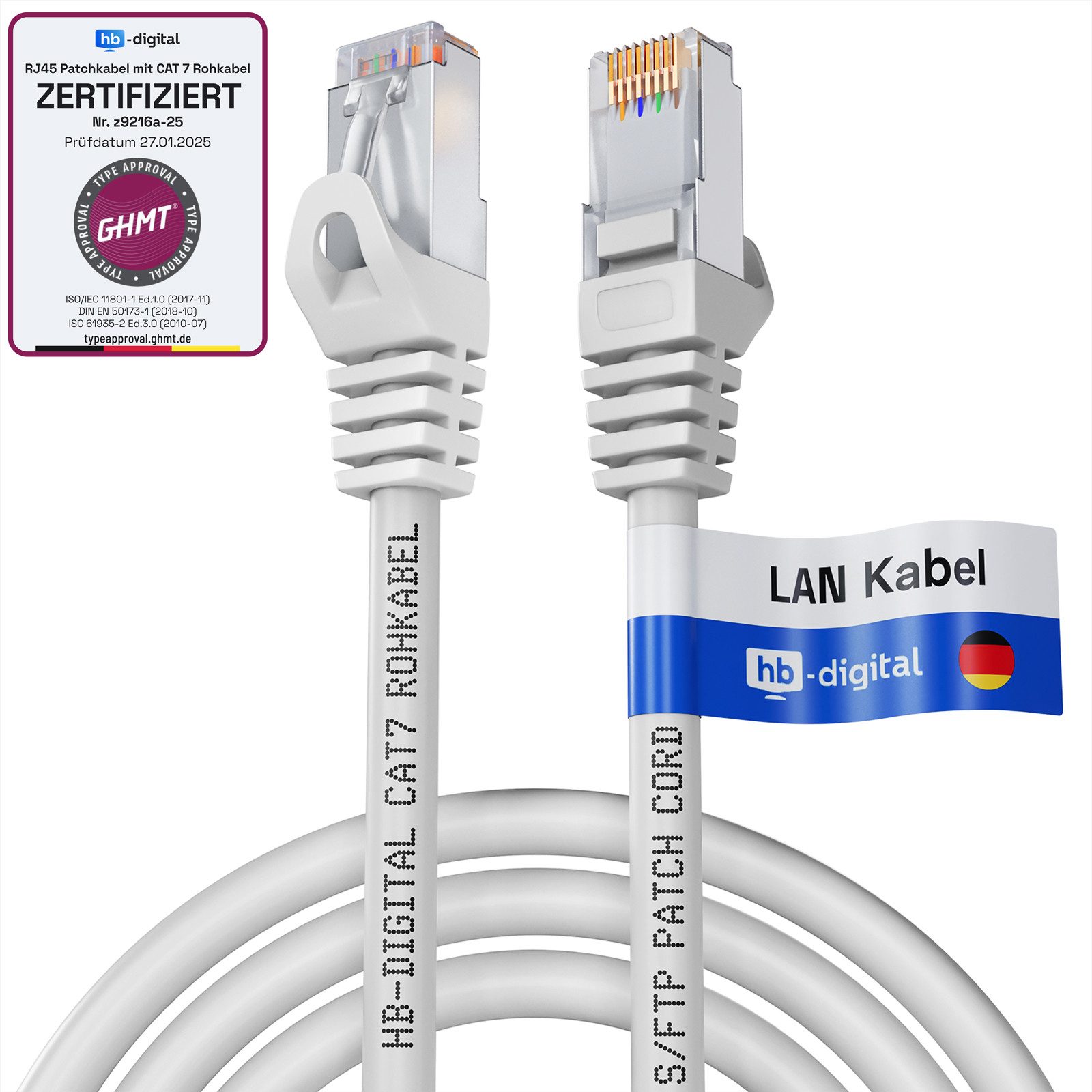 HB-DIGITAL Patchkabel CAT.7 Rohkabel LAN Kabel Cat7 S/FTP PiMF LSZH Netzwerkkabel, Netzwerkstecker, RJ-45 (500 cm), Kontaktoberfläche: Pins Vergoldet 50µ