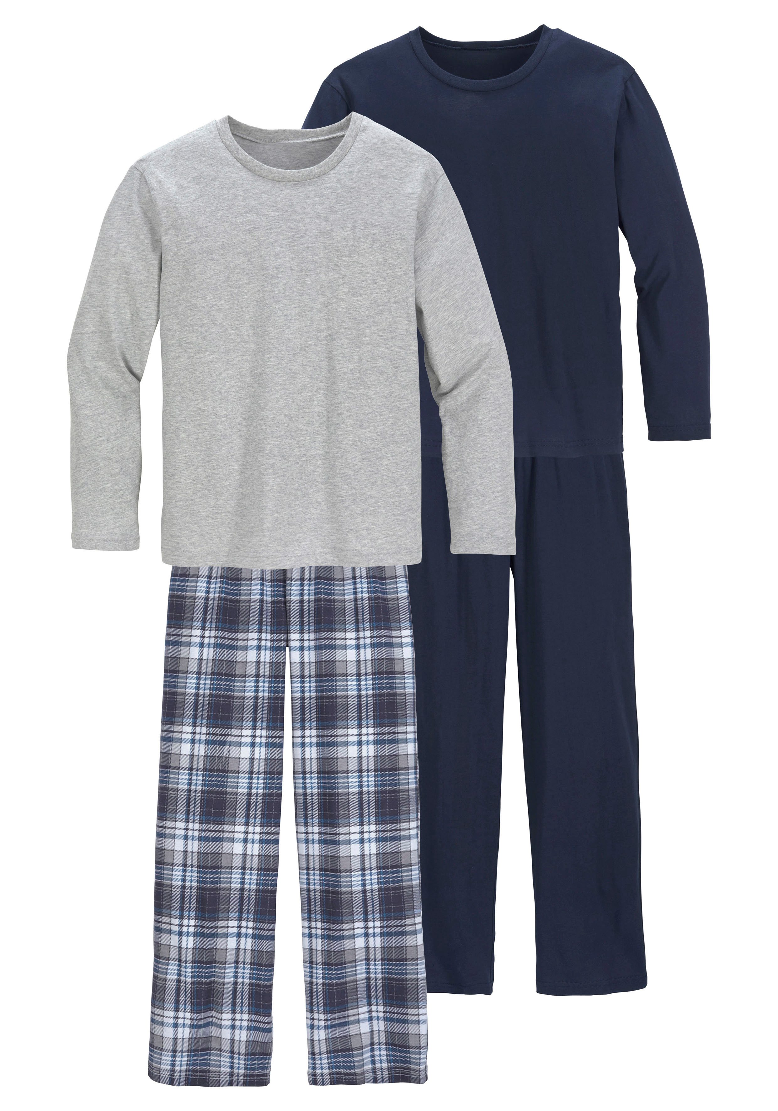 le jogger® Pyjama (Packung, 4 tlg., 2 Stück) Schlafanzug in langer Form, Hose 1x uni und 1x kariert