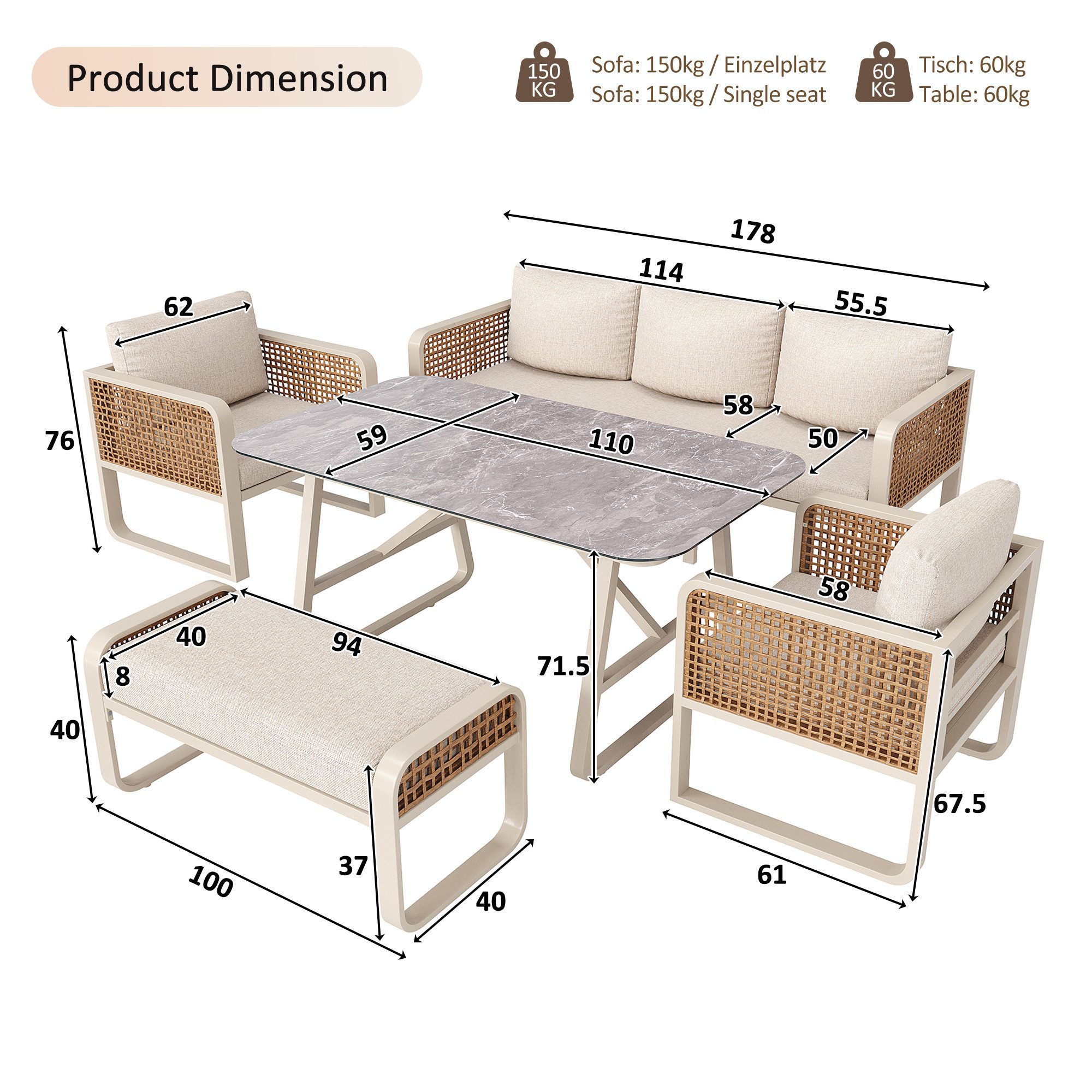 Celya Gartenlounge-Set Gartenlounges, Gartenmöbel Set Rattan mit Sofa und Esstisch, (für Terrasse, Balkon, Garten, Gartensofa mit waschbaren Kissen, verstellbaren Füßen), PE-Rattan Sitzgruppe inkl. Beistelltisch, Beige