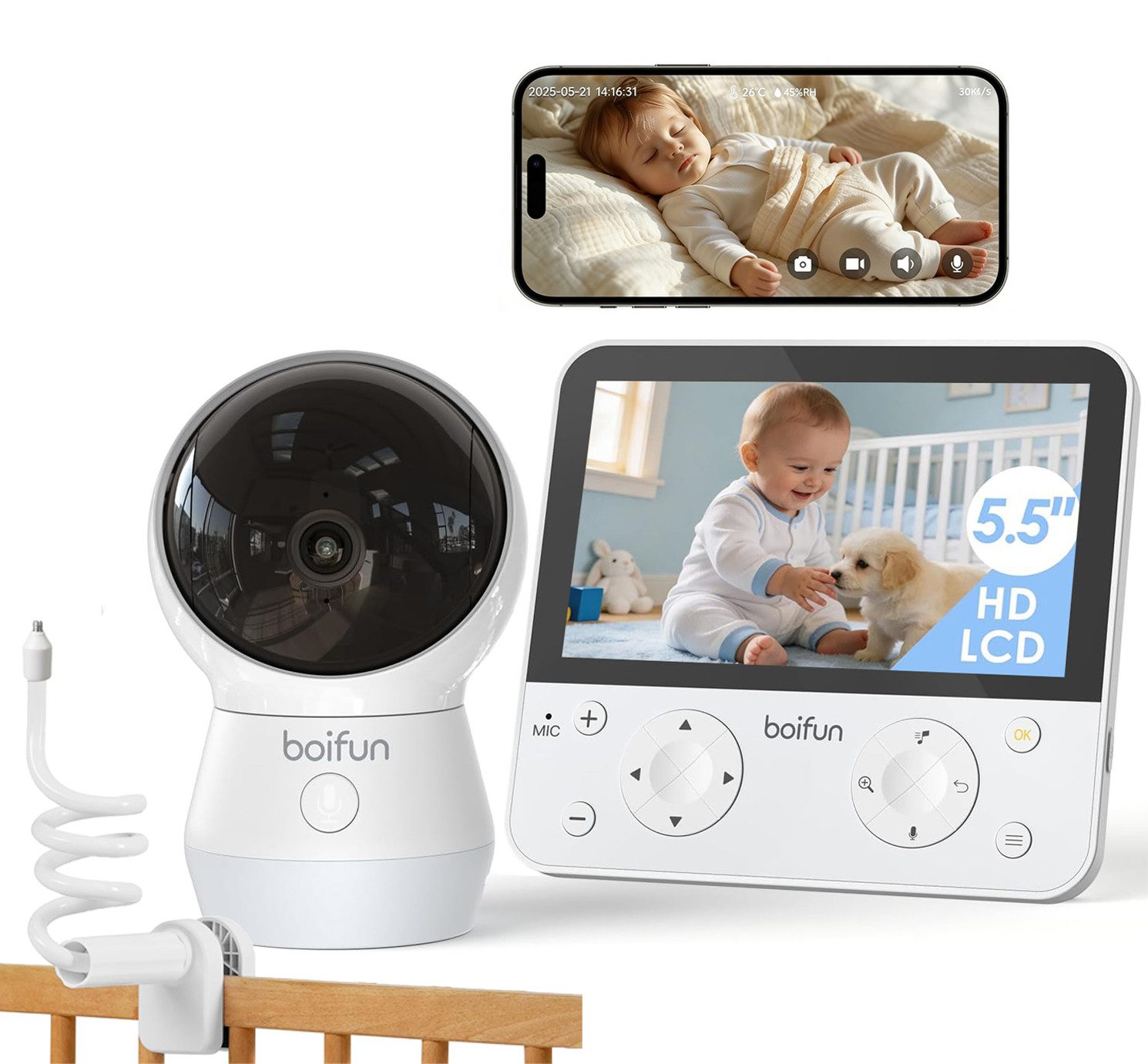Boifun Babyphone 5.5" Babyphone mit Kamera WLAN, 4MP Video Babyfon mit App, KI-Bauchlage-Erkennung, Buntes Nachtlicht, Nachtsicht ohne Licht, Bewegungs-/Weinen-/Geräuscherkennung,Auto-Tracking, Bereichsalarme, geteiltem Bildschirm, Schwenk-Neige-Zoom-Funktion