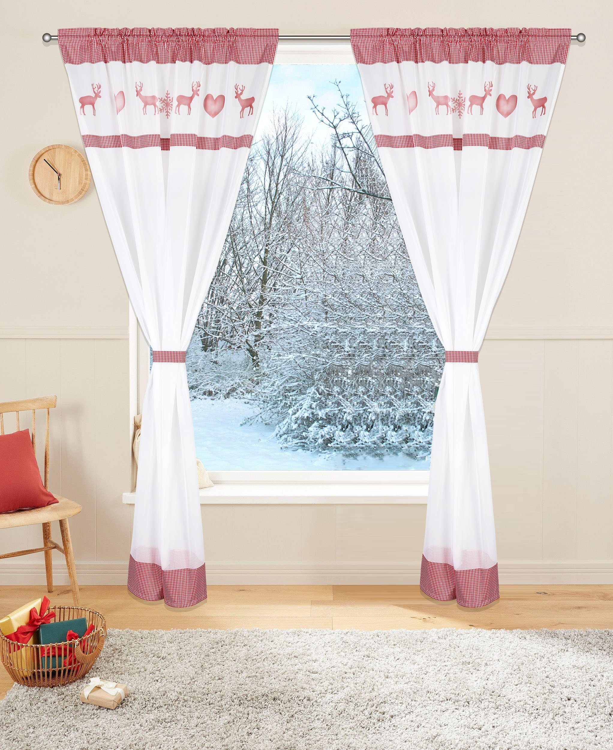 halbtransparent, St), Raffhalter red Stangendurchzug my (1 Gardine Elk, Inkl. die home, Gardine Weihnachtliche