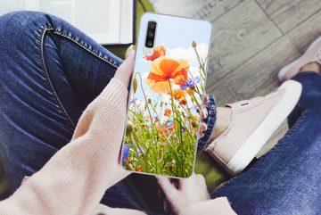 MuchoWow Handyhülle Blumen - Mohn - Frühling - Natur - Rot - Blau, Phone Case, Handyhülle Samsung Galaxy A70, Silikon, Schutzhülle