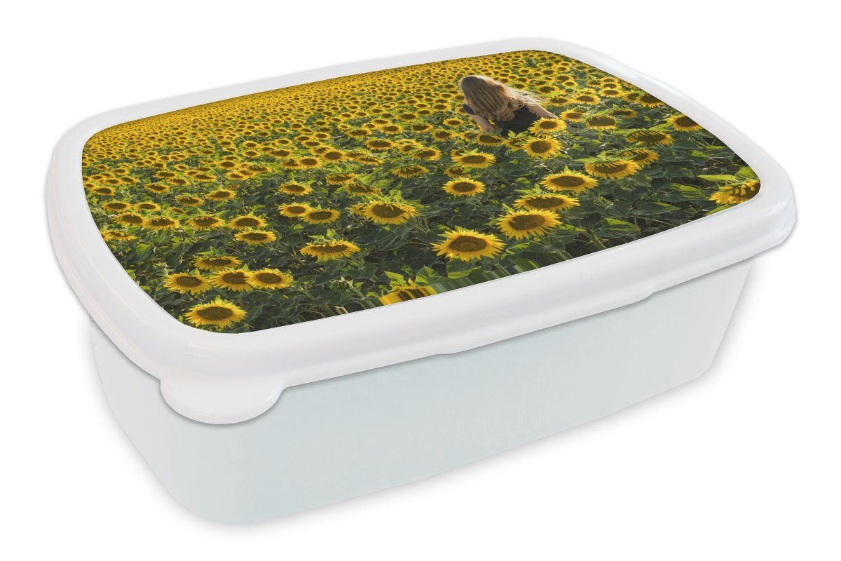 Jungs Lunchbox und Mädchen für Kinder Brotdose, - MuchoWow (2-tlg), - Erwachsene, Sonnenblume weiß für und Frau Kunststoff, Brotbox Frühling,