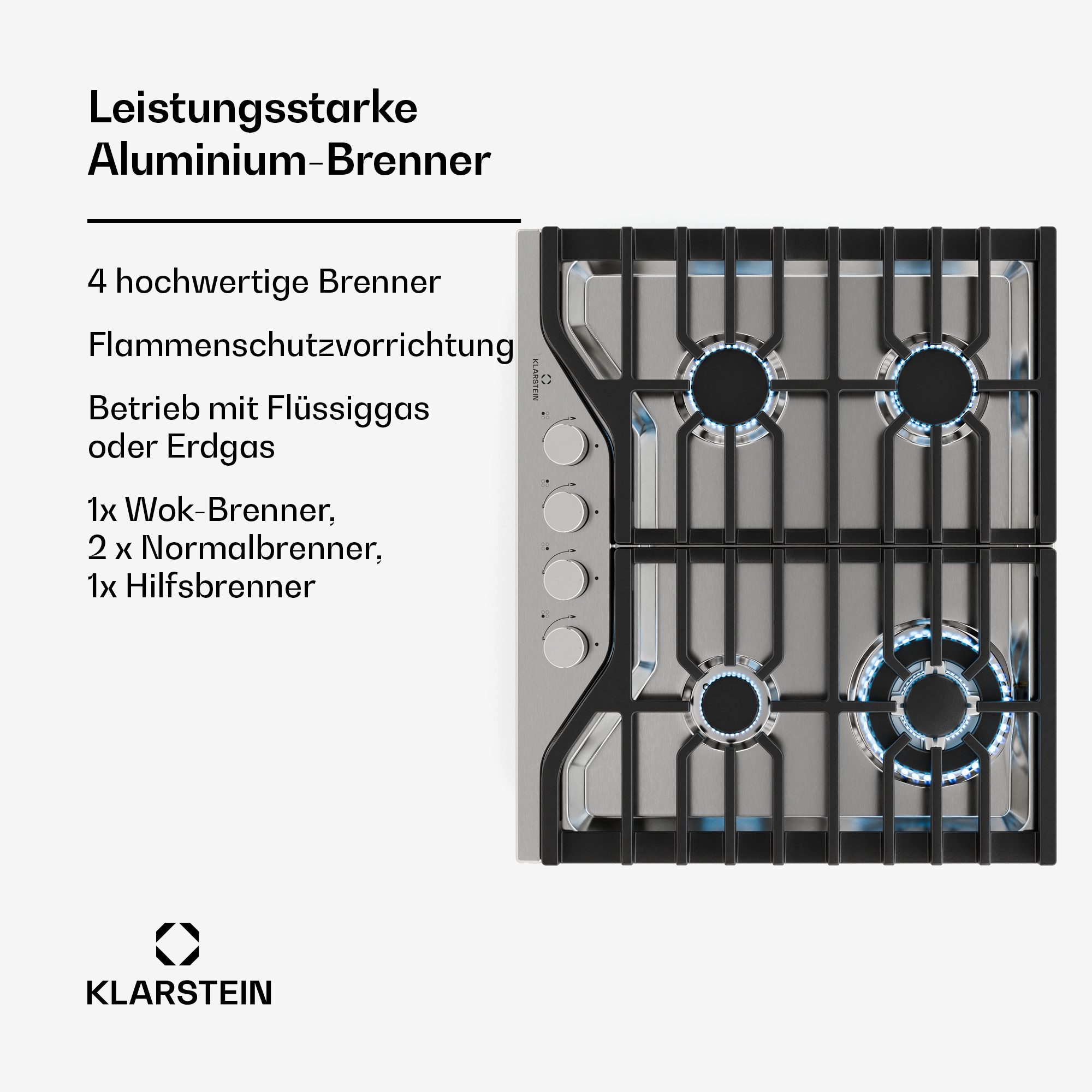 Klarstein Gas-Kochfeld Turbocast 10046700, Gaskochfeld 4 Brenner Elektrische Zündung Küche – Bild 5 von 5