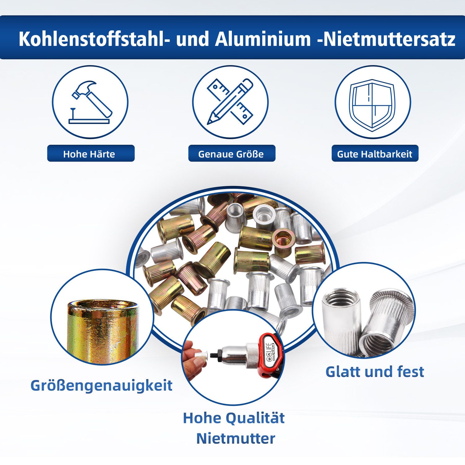 CCLIFE Niete 500tlg Nietmuttern Sortiment M3 M4 M5 M6 M8 M10 Flachkopf