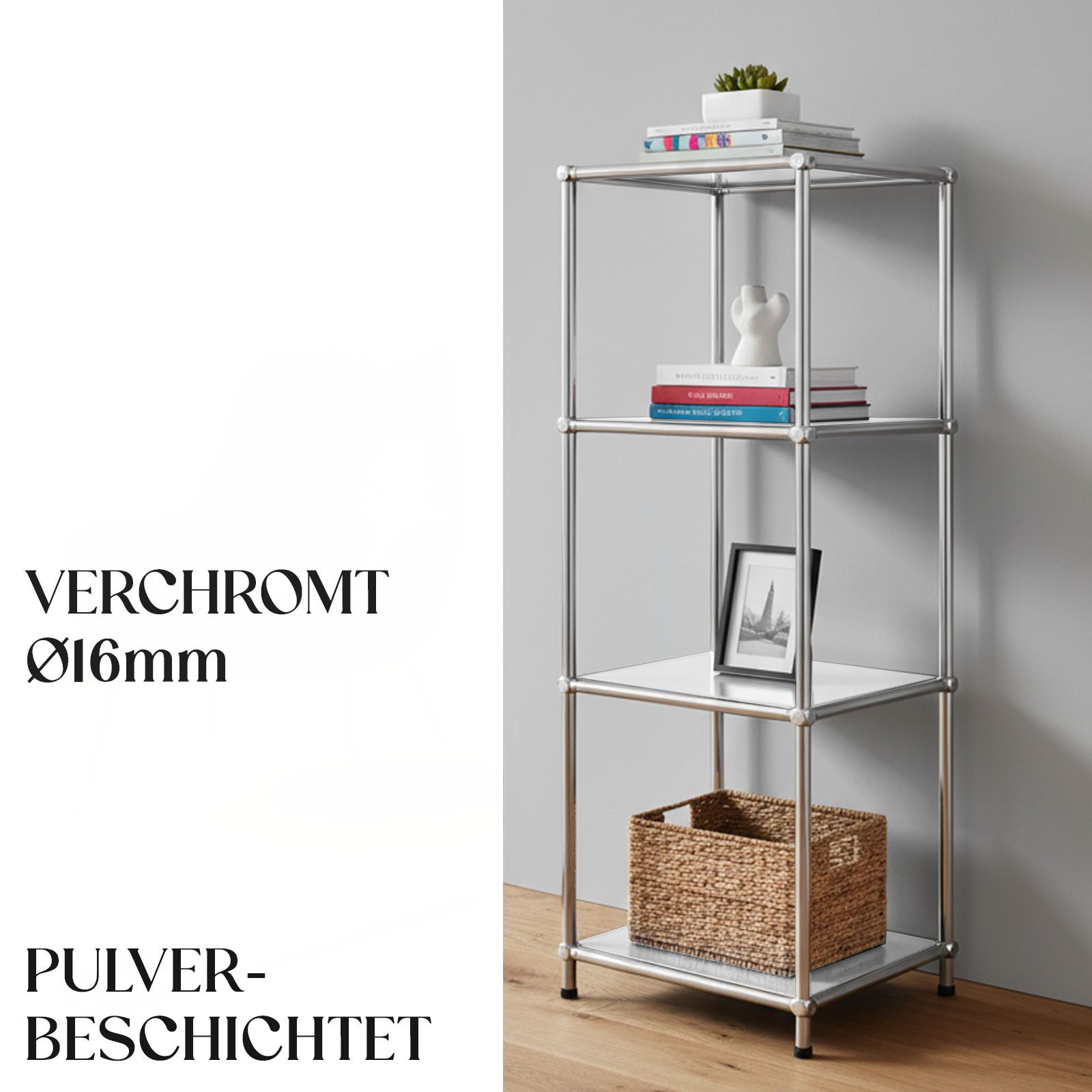 Floordirekt Standregal Concept Epure MK-005 Metallregal, B30 × T30 × H89 cm, diverse Farben, modular, Design Regal mit offenen Ablagen, verchromtes Metallgestel – Bild 4 von 5