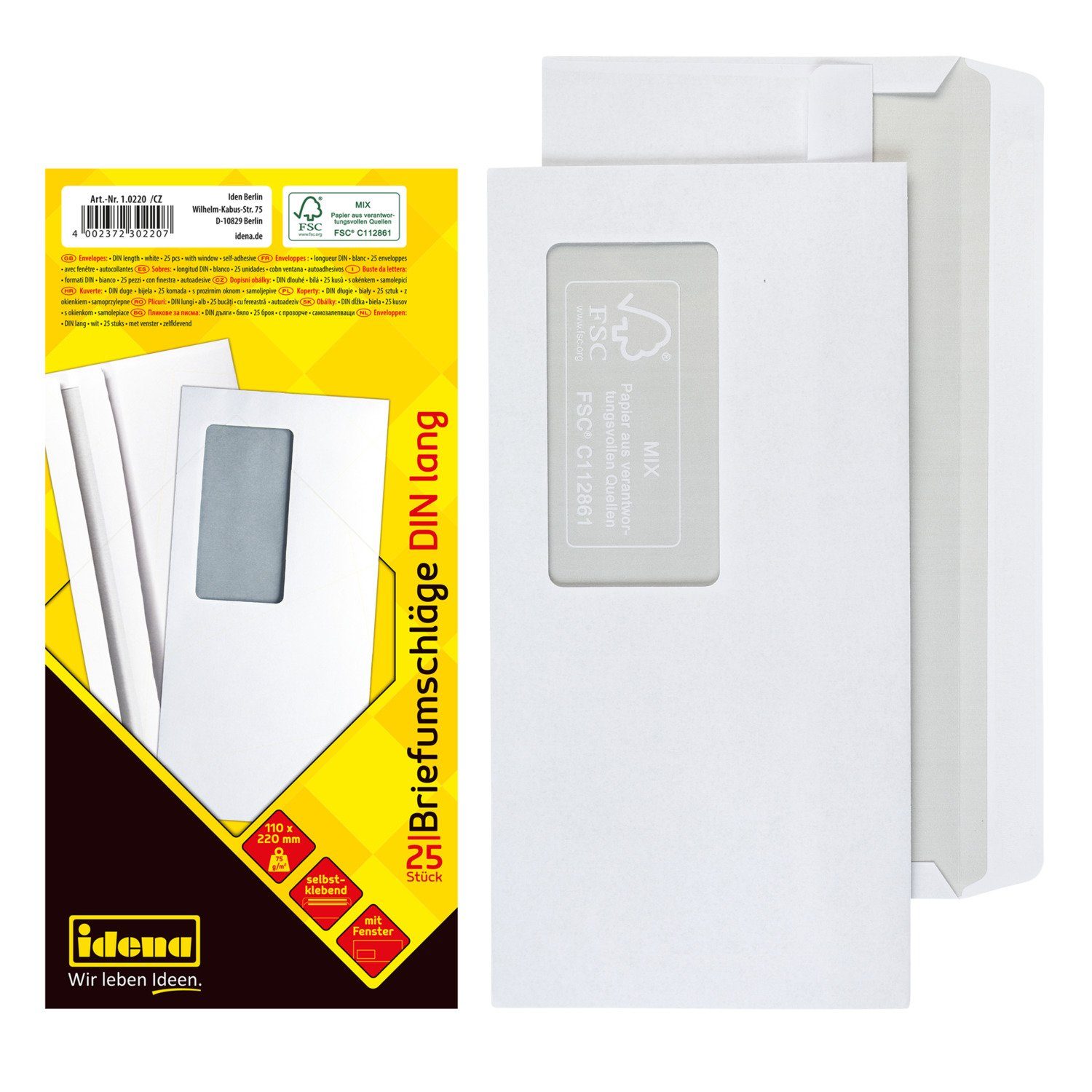 Idena Briefumschlag Idena 10220 - Briefumschläge lang, 75 g/m², selbstklebend, mit Fenster