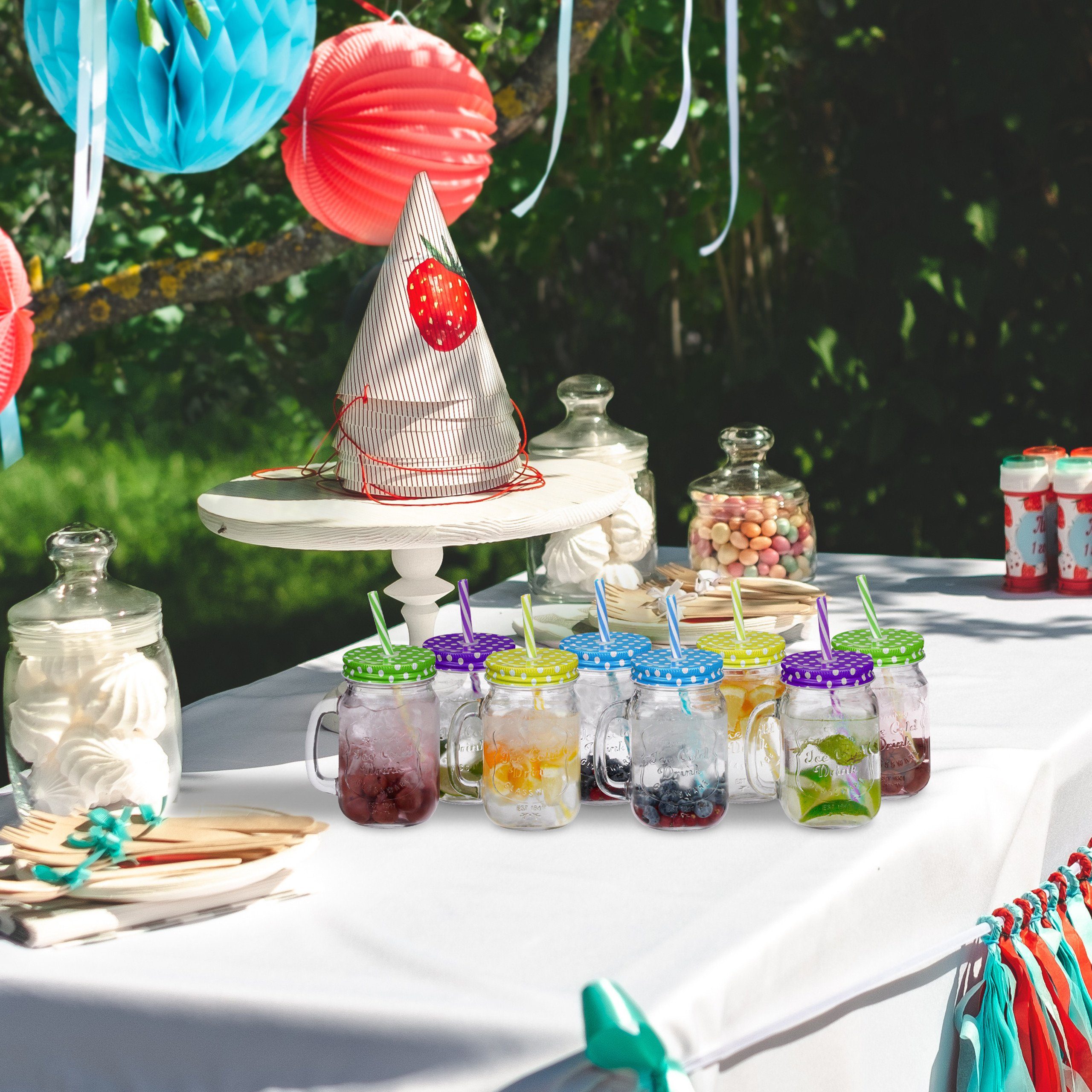 relaxdays Gläser-Set Bunte Trinkgläser mit Deckel 8er Set, Glas