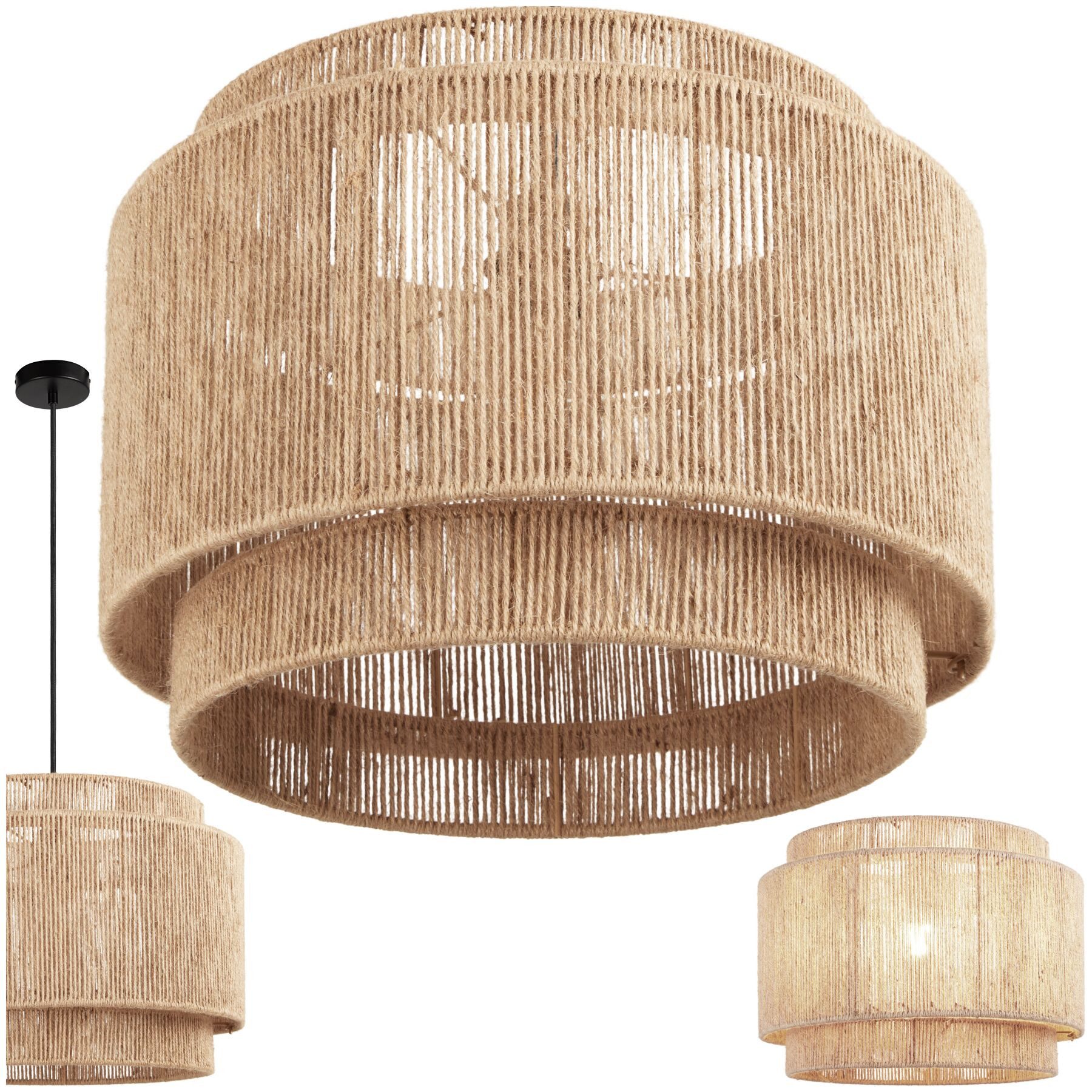 tectake Deckenleuchten Pendelleuchte im Boho-Stil aus natürlicher Jutefaser, 46 x 32 cm, Wickeltechnik, 40 W, Stahlgestell, inkl. Montagematerial