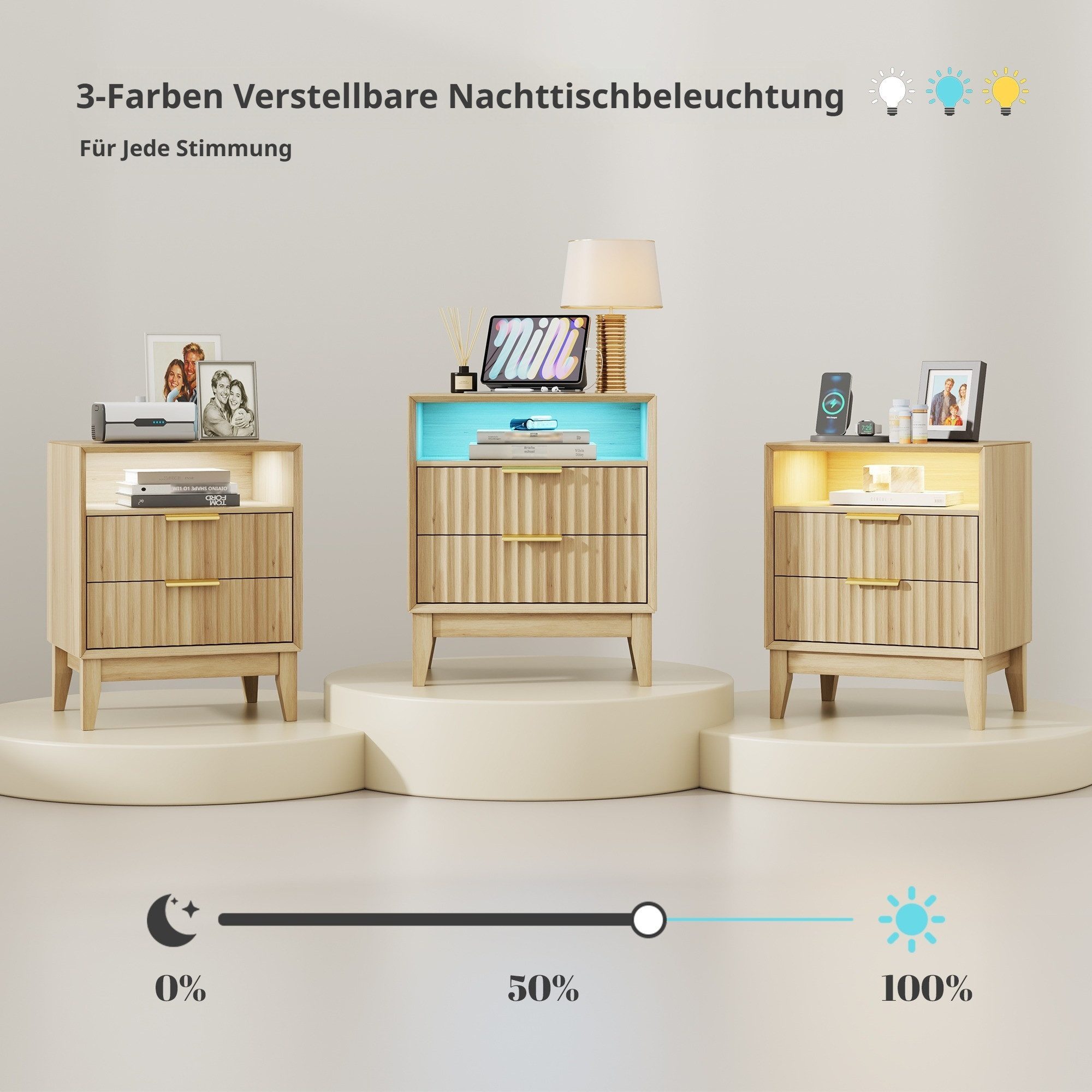 LVSOMT Nachttisch im Mid-Century-Modern-Stil, mit Ladestation und LED-Beleuchtung (1-St), versteckte Schublade mit RFID-Schloss & offenes Ablagefach – Bild 4 von 5