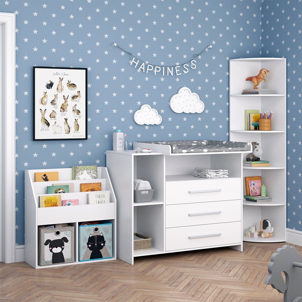 Vicco Babymöbel-Set Oskar, Weiß, 3 Teile, mit Wickelkommode, Spielzeugregal, Bücherregal