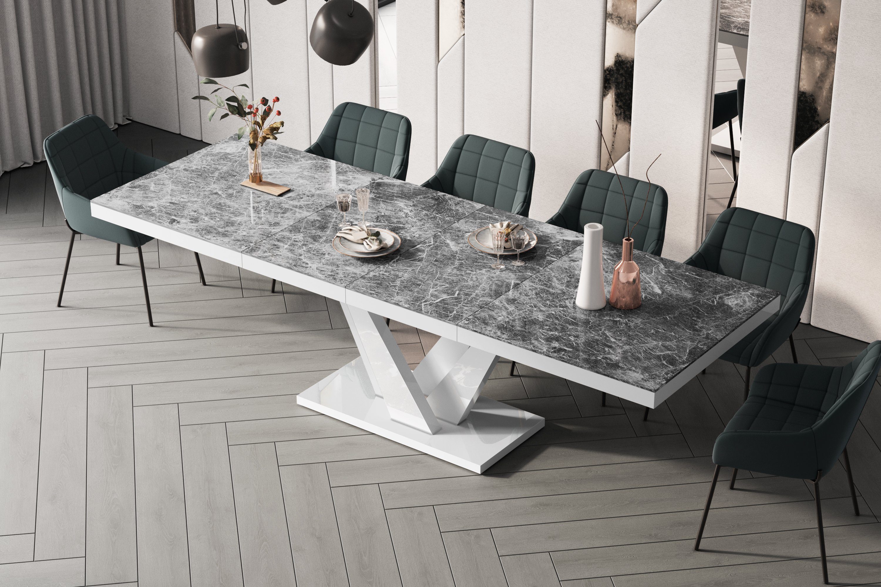 designimpex Esstisch Design Esstisch Tisch HEV-111 ausziehbar 160 bis 256 cm Marmor dunkel Hochglanz - Weiß Hochglanz