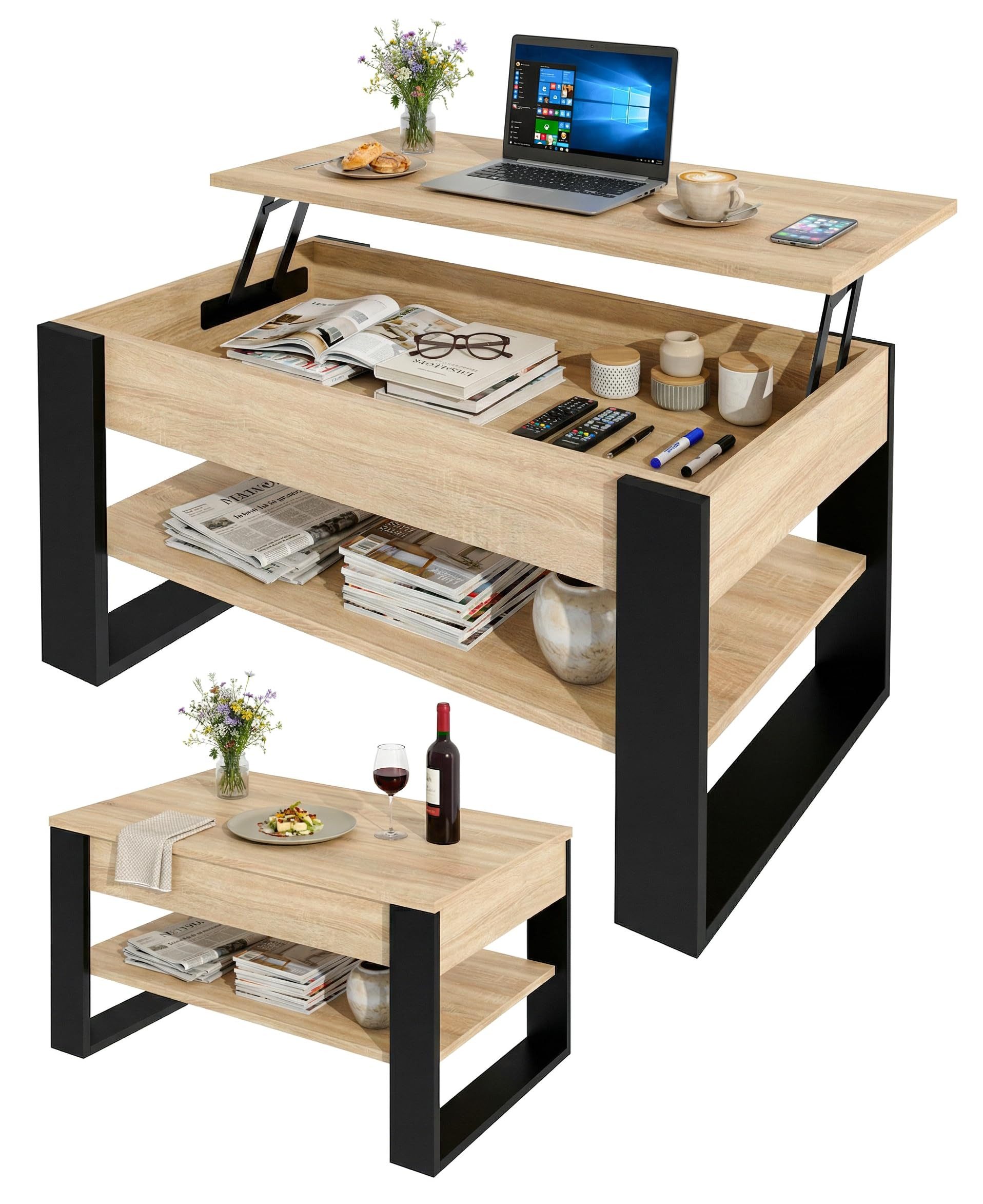 TREND WERK Couchtisch Lift-Couchtisch höhenverstellbar Sofatisch 92×54 cm mit Stauraum, verstecktem Fach Wohnzimmertisch Holz modern
