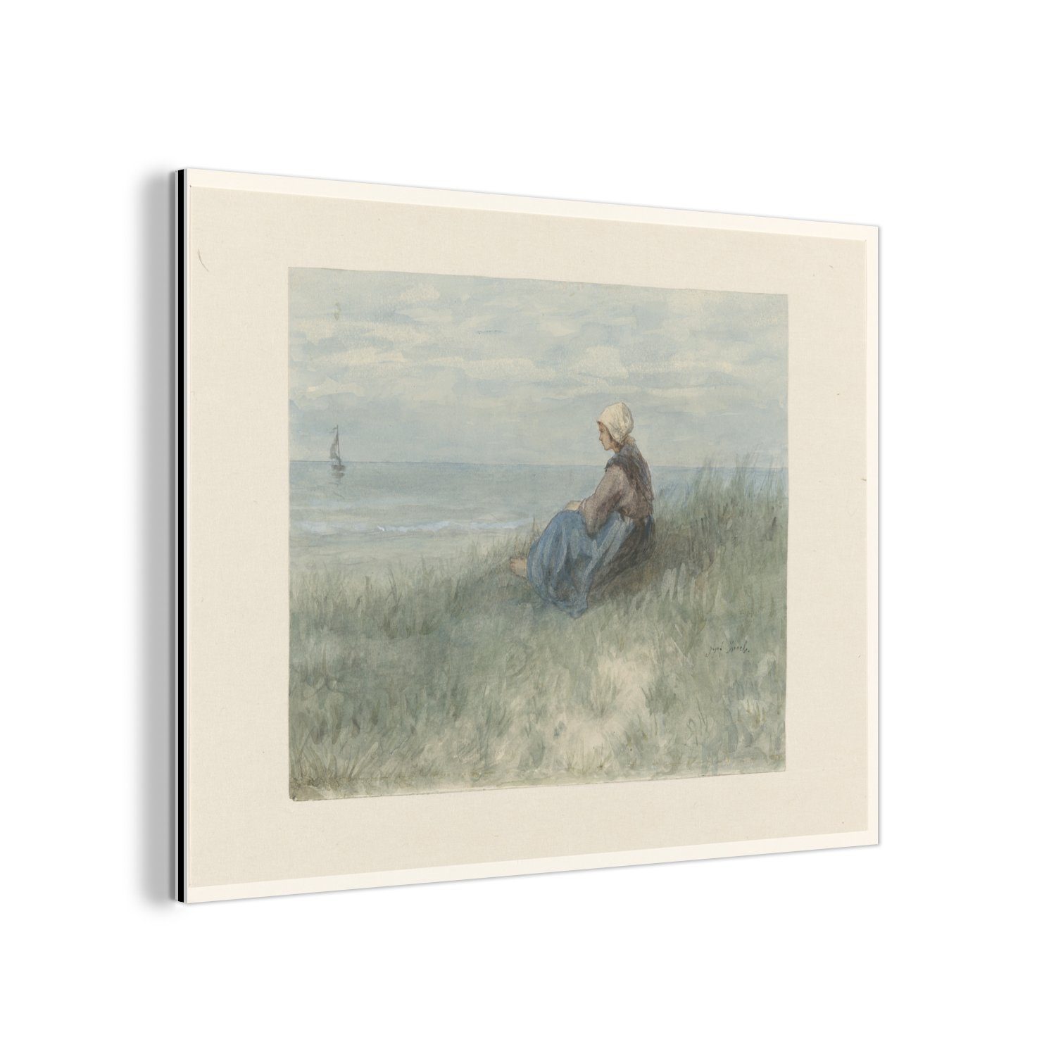 MuchoWow Metallbild Eine Frau, die auf einer Düne sitzt und auf das Meer schaut - Gemälde, (1 St), Wohnzimmer Dekoration aus Alu, Industrial, Metallbilder, Gemälde