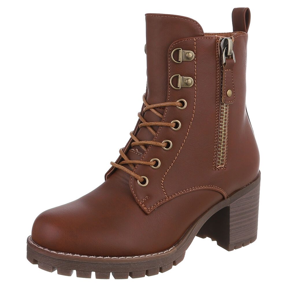 Ital-Design Modische Stiefeletten mit Absatz und Reißverschluss für Damen Schnürstiefelette (90542966) Blockabsatz Stiefeletten in Camel