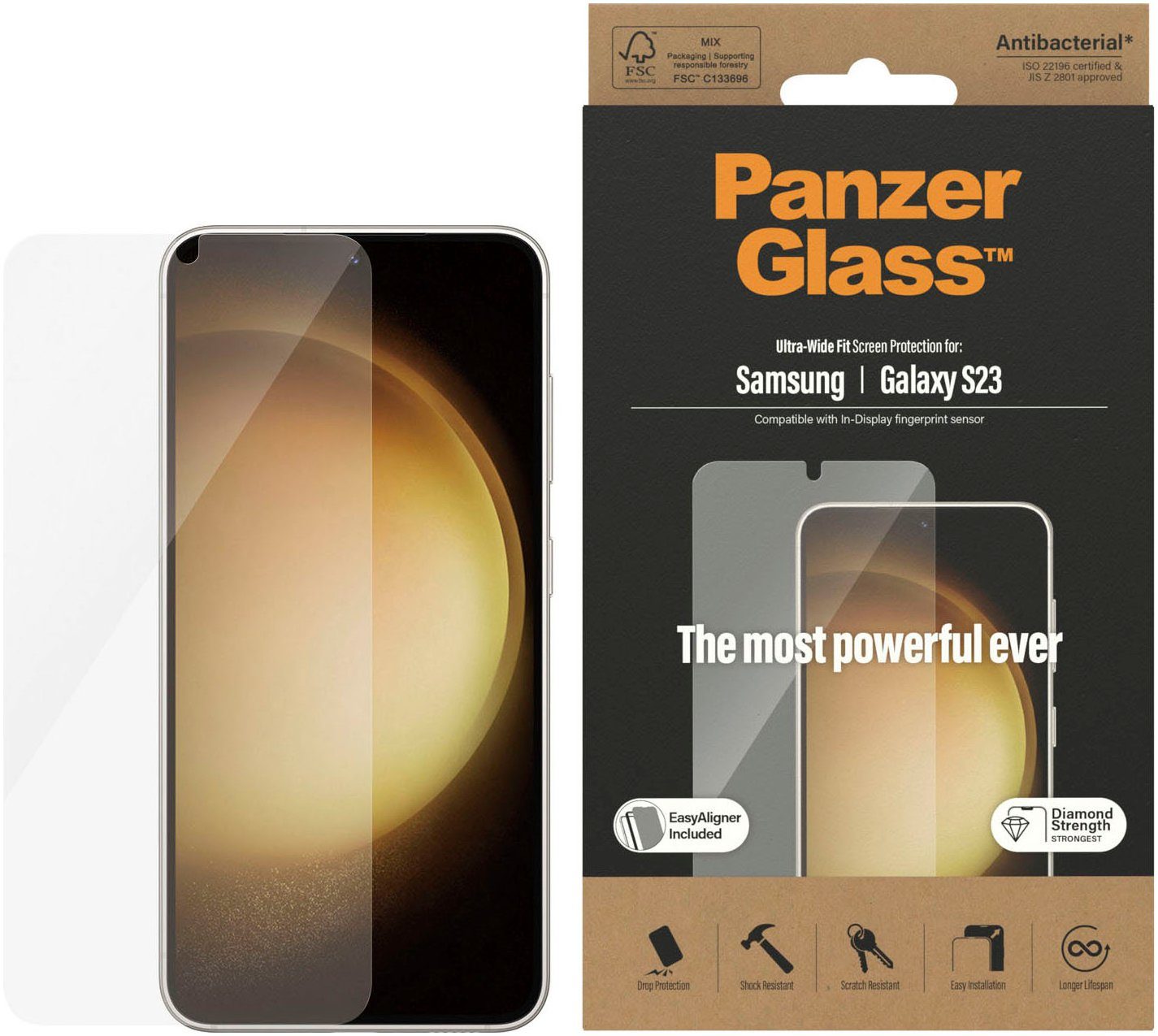 PanzerGlass Displayschutzfolie Displayschutz Samsung Galaxy S23 - Ultra-Wide Fit inkl. EasyAligner für Samsung Galaxy S23, Set, 1 Stück, Kratz-& Stoßfest,Antibakteriell,Berührungsempfindlich,Simpel Anbringen