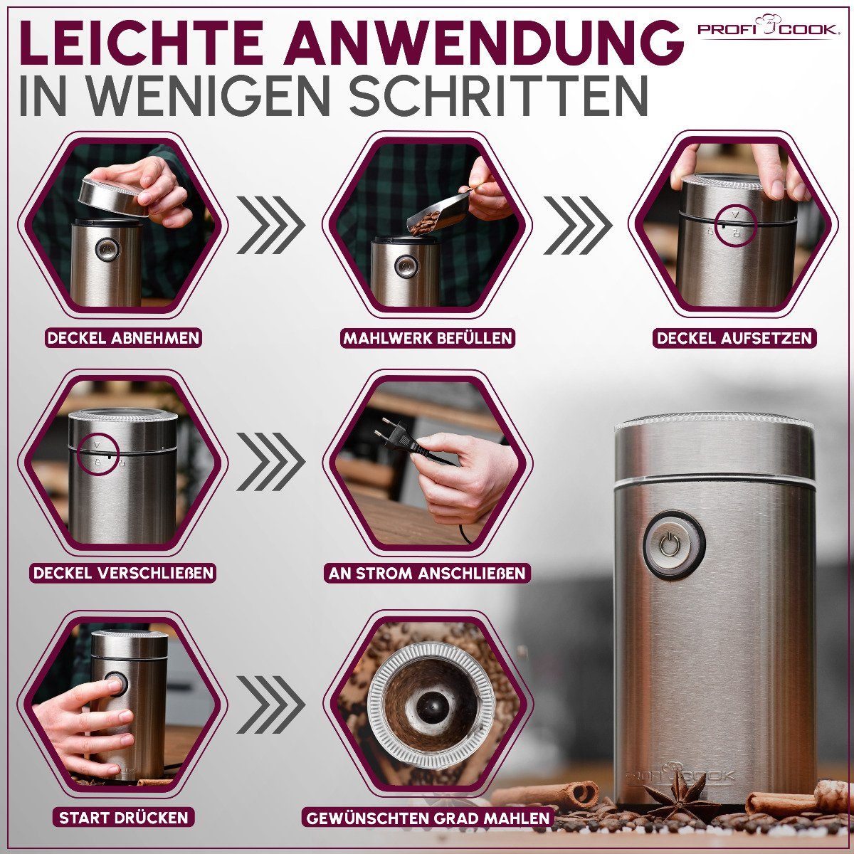 ProfiCook Kaffeemühle PC-KSW 1216, Kaffeemühle elektrisch mit 2-fach Edelstahlmesser