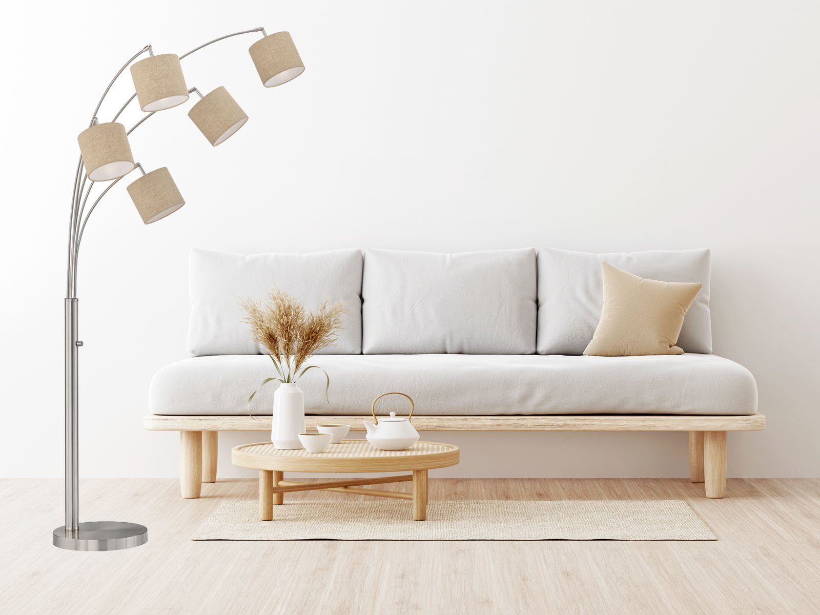 FISCHER & HONSEL LED Bogenlampe, mitgelieferte Leuchtmittel stufenweise über Lampenschalter dimmbar, LED wechselbar, Warmweiß, Stehlampe ge-bogen mit 5x Stoff Lampenschirm Beige, dimmbar H: 180cm