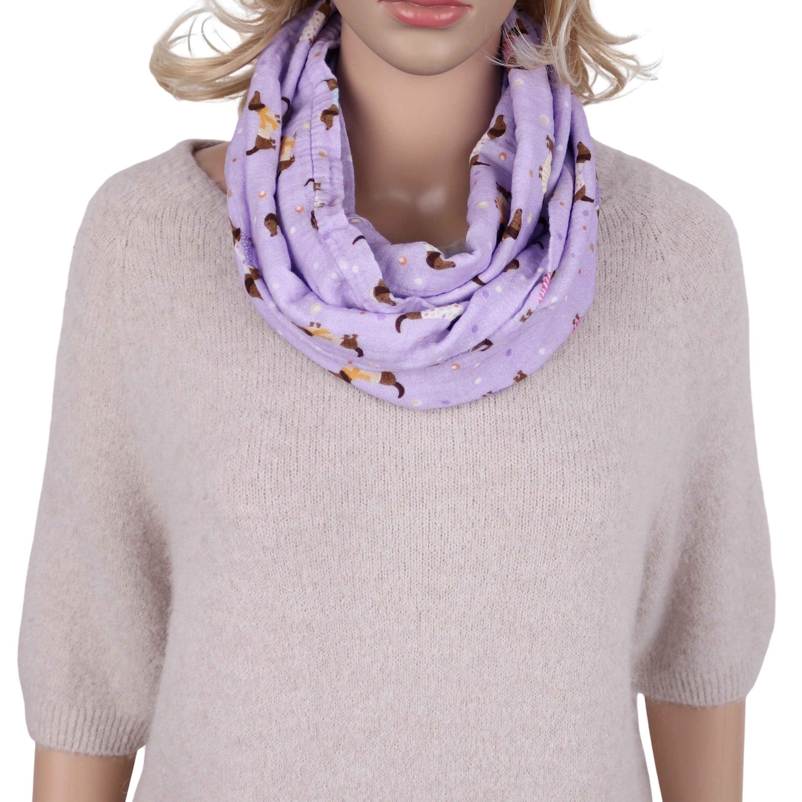 MIRROSI Loop Damen Schal aus Musellin, Made in Italy 70x20cm, Dackel, Schlauchschal, (Zweimal um den Hals wickelbar, ca.70x20cm), Damen Halstuch ideal für Frühling, Sommer oder Herbst