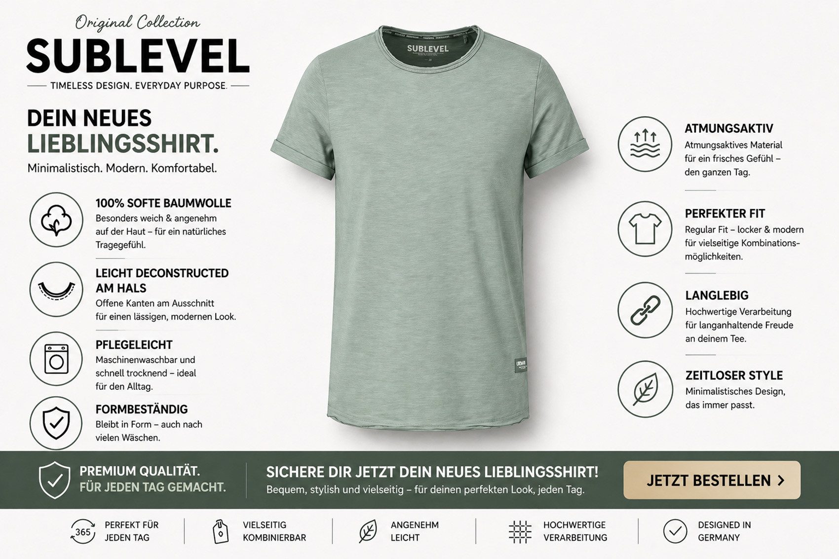 SUBLEVEL T-Shirt Herren Shirt Long Shaped lang geschnitten schwere Qualität