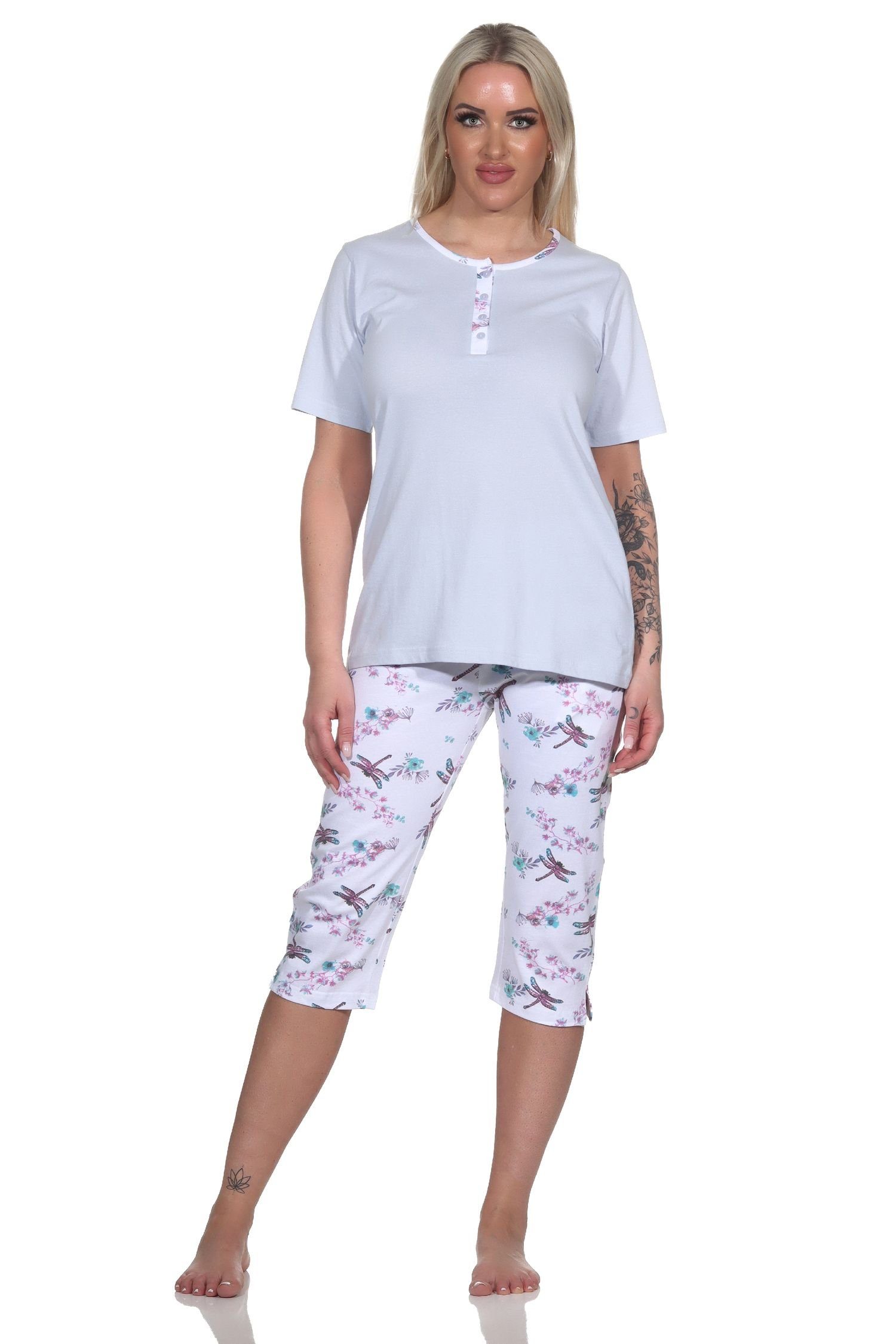 Normann Pyjama Damen Schlafanzug kurzarm Pyjama mit Capri-Hose in floralem Print hellblau