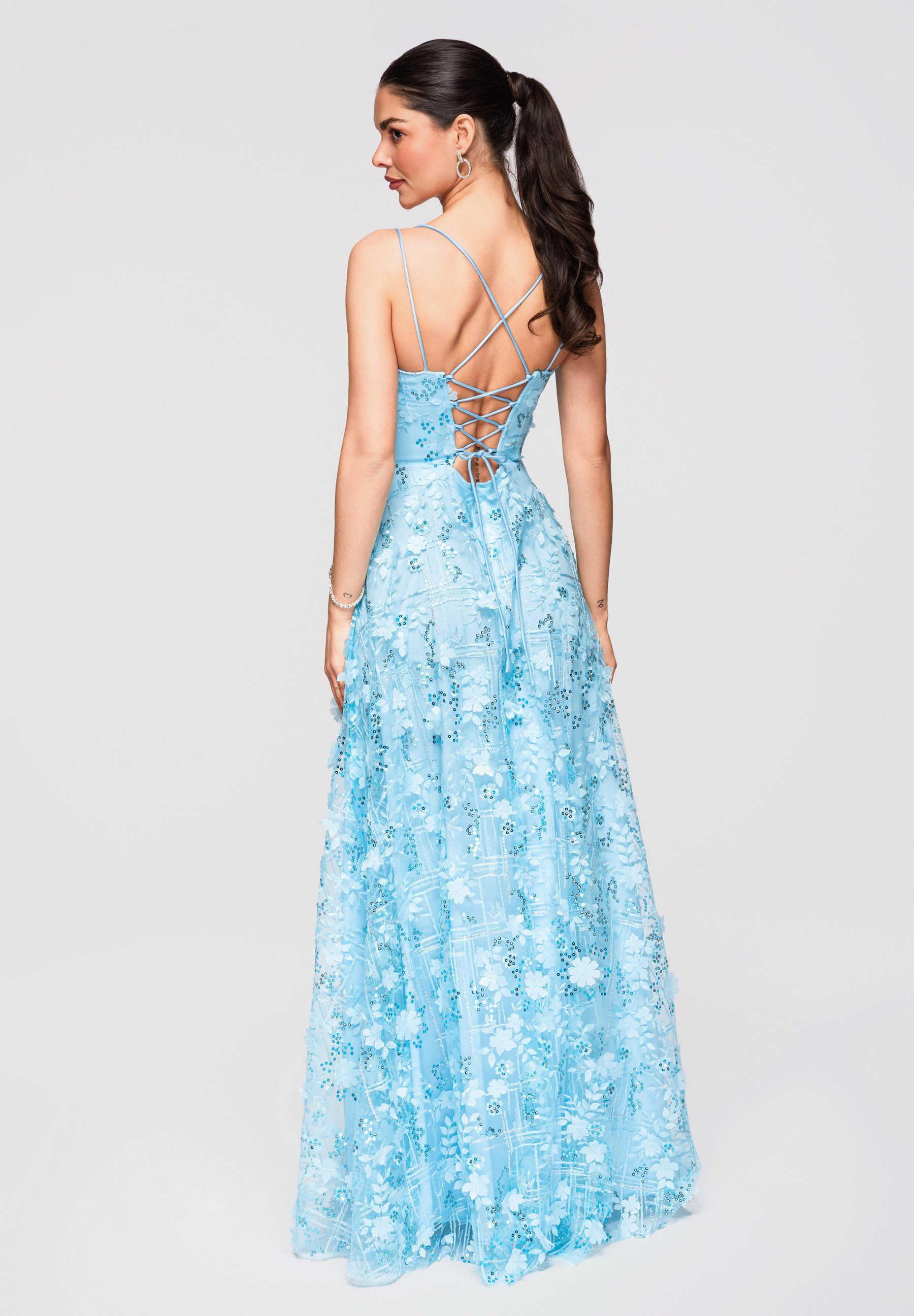 OMBRE Abendkleid Damen Maxikleid Abendkleid mit 3D-Applikationen Blau L (kein Set, 1-tlg) Rückenfreies Design, Korsettschnürung