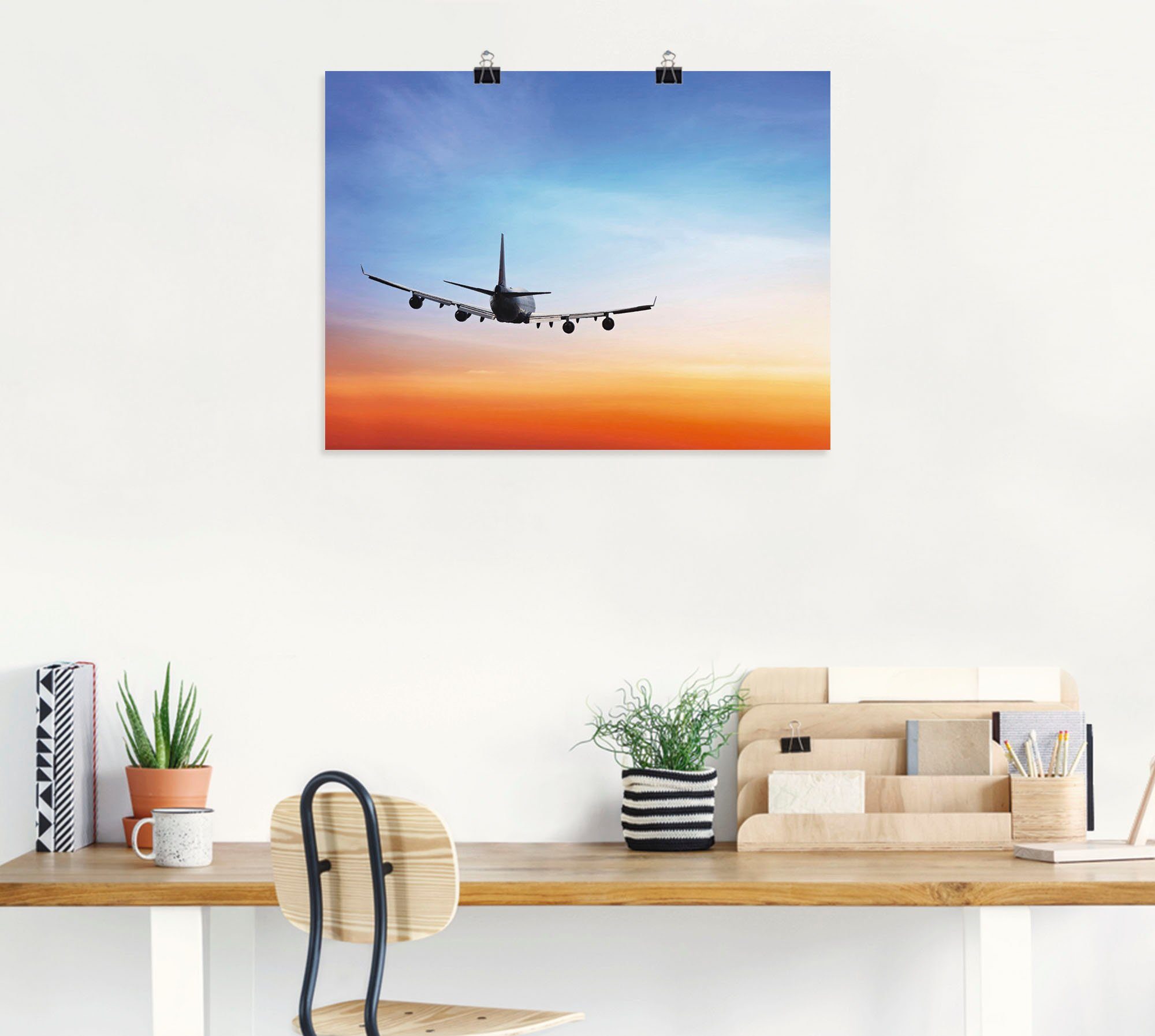 Artland Wandbild (1 St), als Wandaufkleber & versch. Flugzeuge Poster vor Flugzeug in Helikopter Größen Leinwandbild, orange/blauem Alubild, Abendhimmel, oder