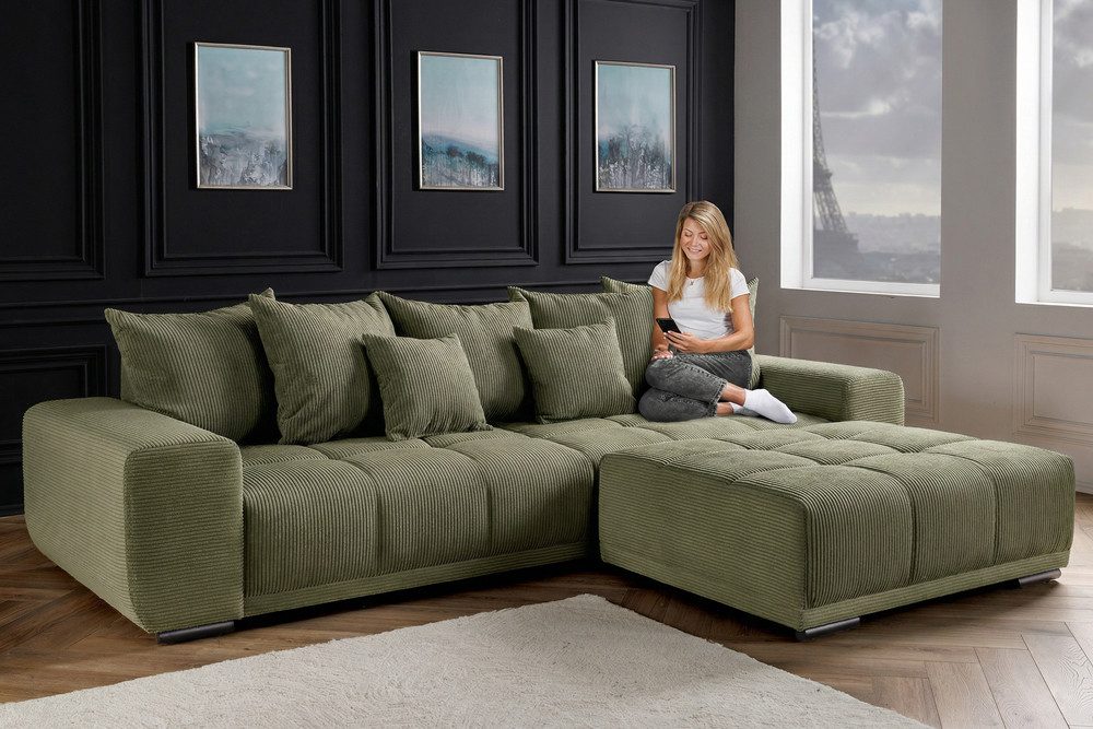 riess-ambiente Big-Sofa ELEGANCIA 285cm grün - Cord, Buchenholz, Federkern, inkl. Kissen, FSC, Einzelartikel 1 Teile, Moderne XXL-Couch - ideal für Wohn- & Schlafzimmer oder Loft-Wohnungen