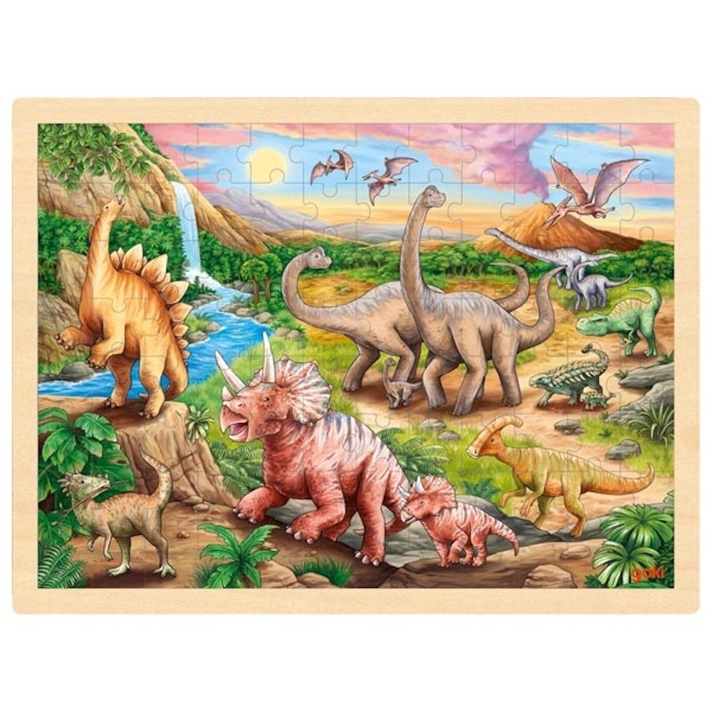 goki Rahmenpuzzle Einlegepuzzle Holz Dinosaurierwanderung, Dinos, Dinosaurier, 96 Teile, 96 Puzzleteile, Holz-Puzzleteile