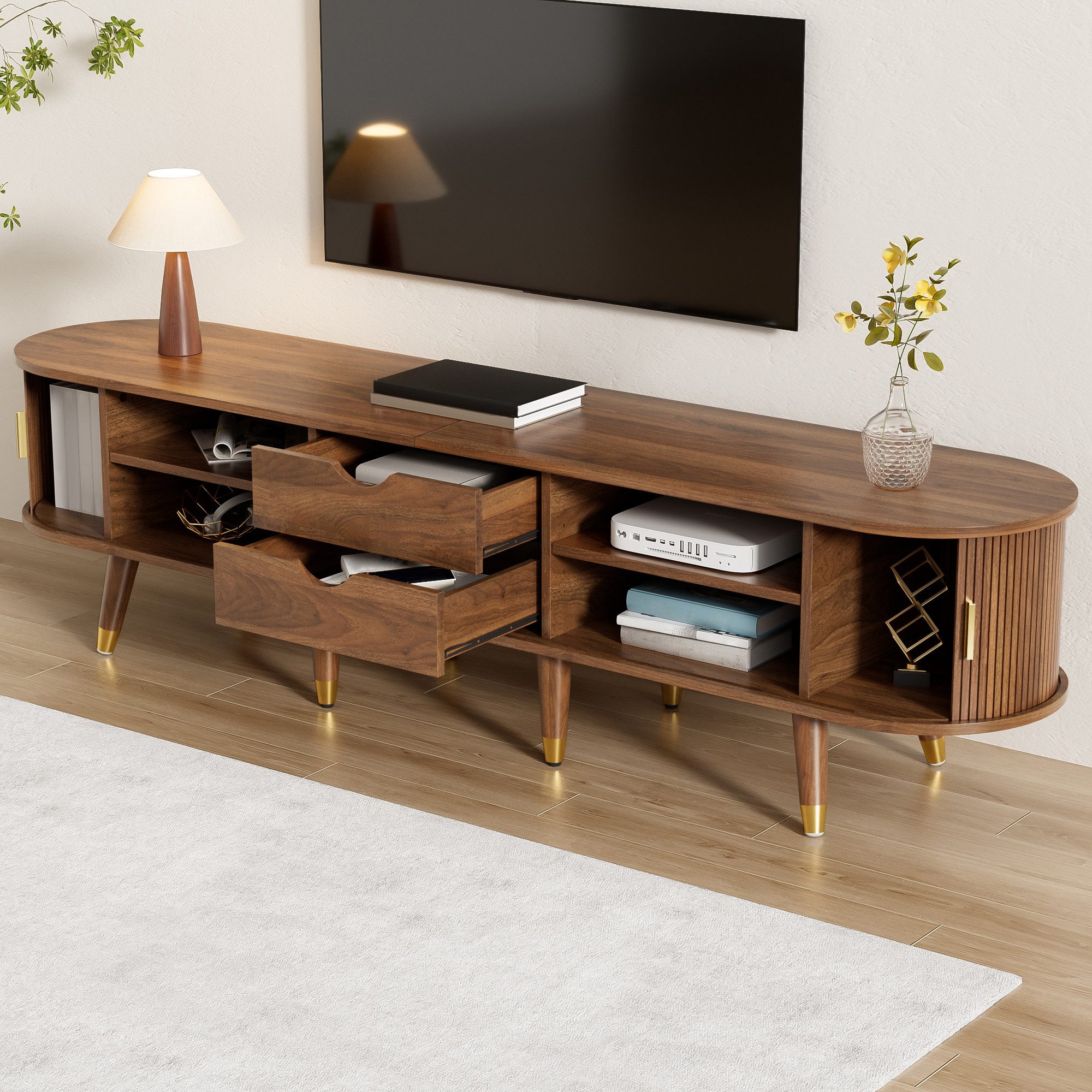 Celya TV-Schrank TV-Möbel, TV-Ständer, niedrigerer Fernsehschrank mit Schiebetüren (mit offenen Fächern, Schubladen und Schrank, natürliches Design) Geeignet für Wohnzimmer