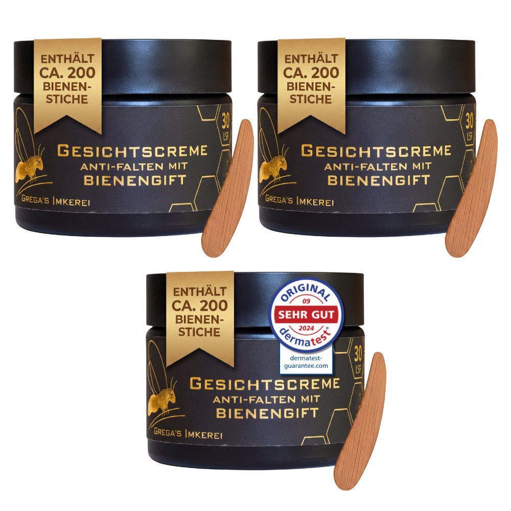 Grega´s Imkerei Anti-Aging-Creme Bienengift Manuka Hyaluron Creme 50 ml im Derma Test „Sehr gut“ Hochdosiert (entspricht ca. 200 Bienenstichen), 3-tlg., 50 ml Glastiegel inkl. Massivholz Cremspatel