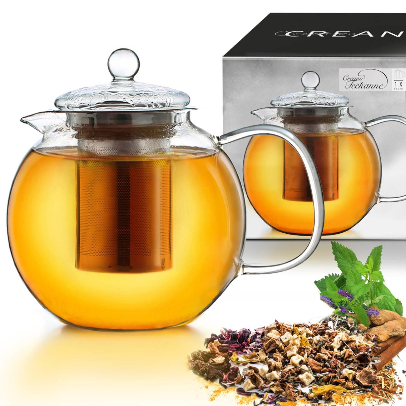 Creano Teekanne Teekanne aus Glas 0,85l, integriertes Edelstahl-Sieb und Glas Deckel, 0,85 l, (1er-Set, 3-St., Teekanne & Deckel), tropffrei
