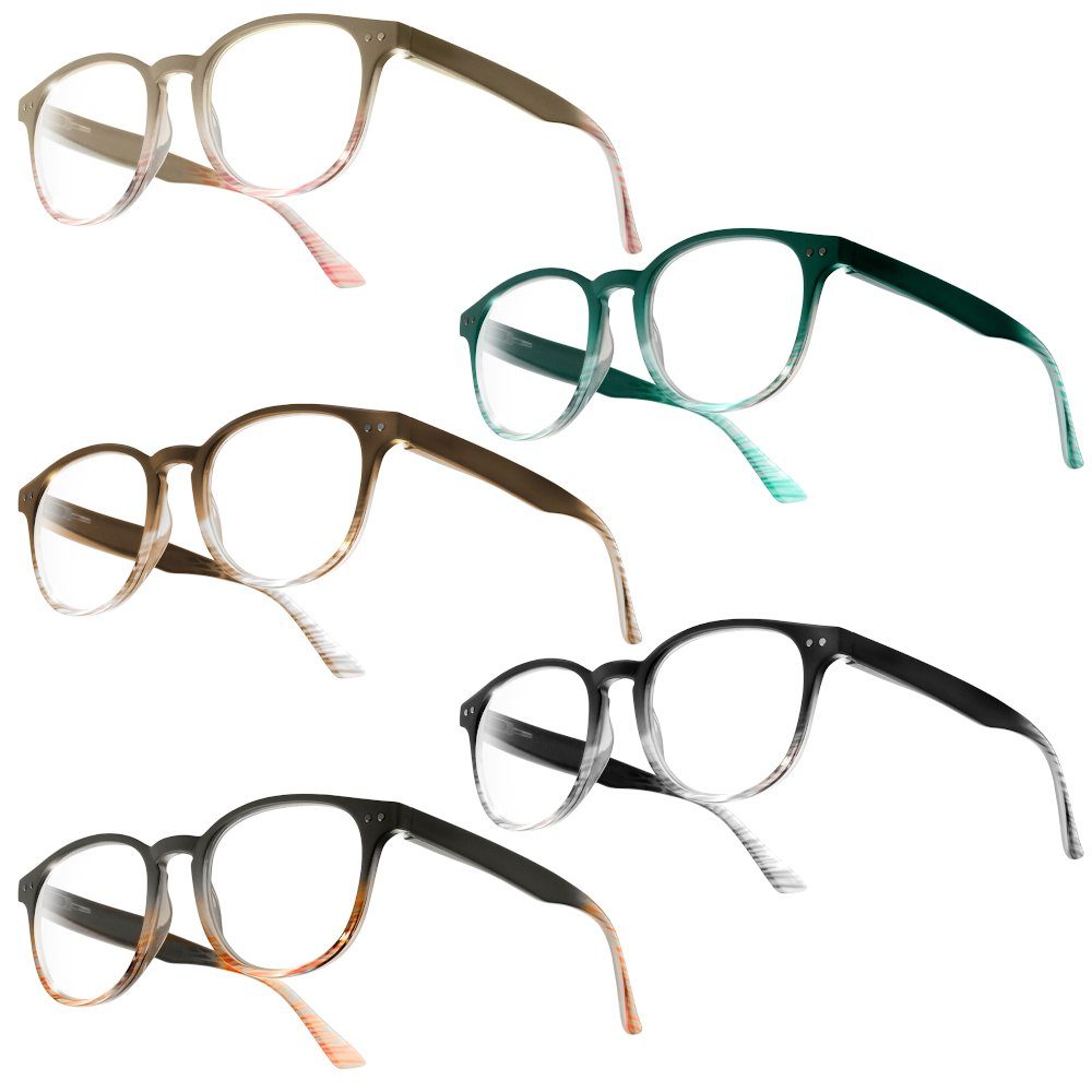 UrbanSky Lesebrille Gil, 5er-Pack - runde Kunststoffbrillen mit Farbverlauf und Federscharnier