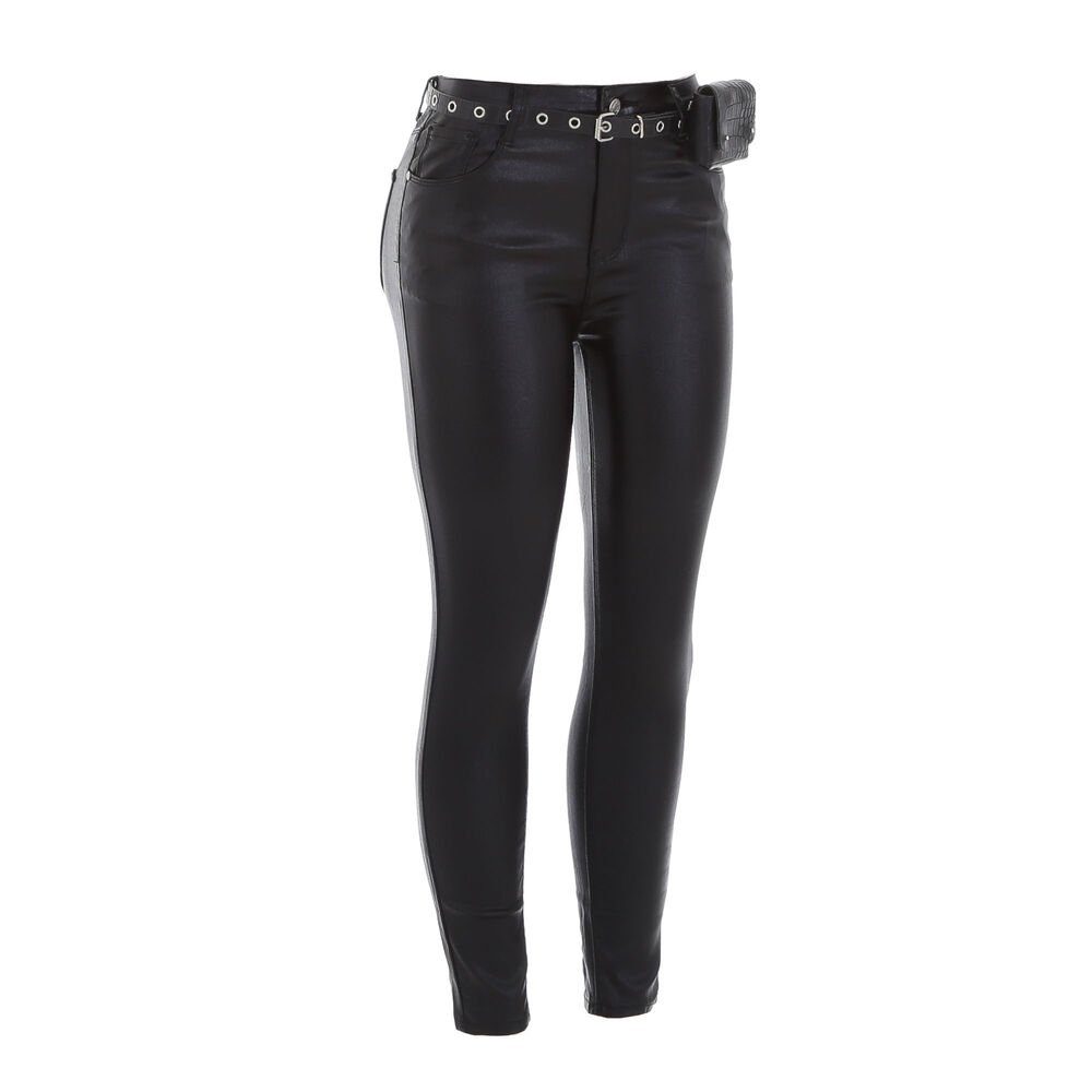Ital-Design Lederimitathose Damen Freizeit Stretch Hose in Lederoptik in Schwarz