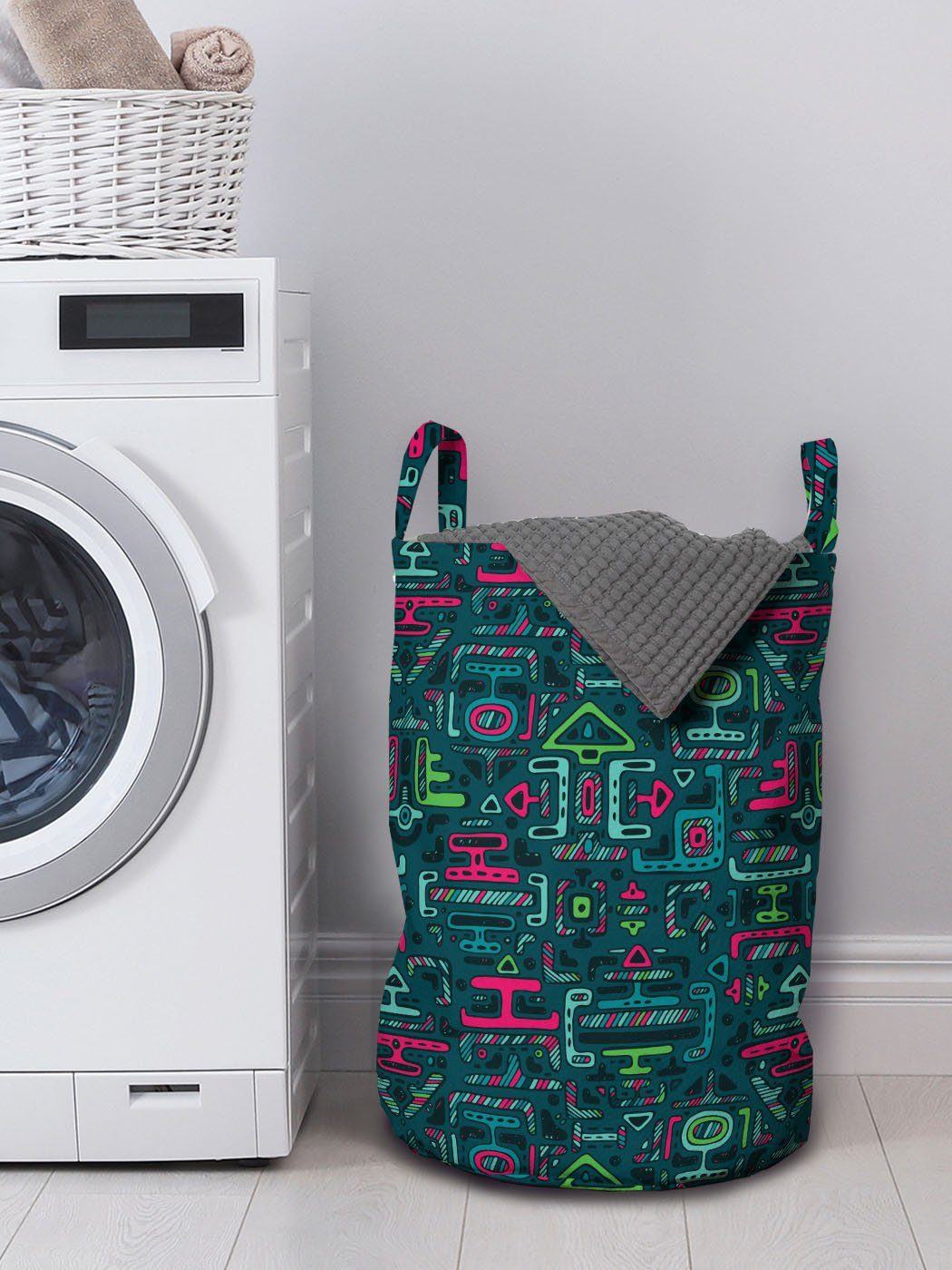 Abakuhaus Wäschesäckchen Farbe Kordelzugverschluss Griffen Ethnisch Leuchtende Waschsalons, Wäschekorb mit Geometrische für