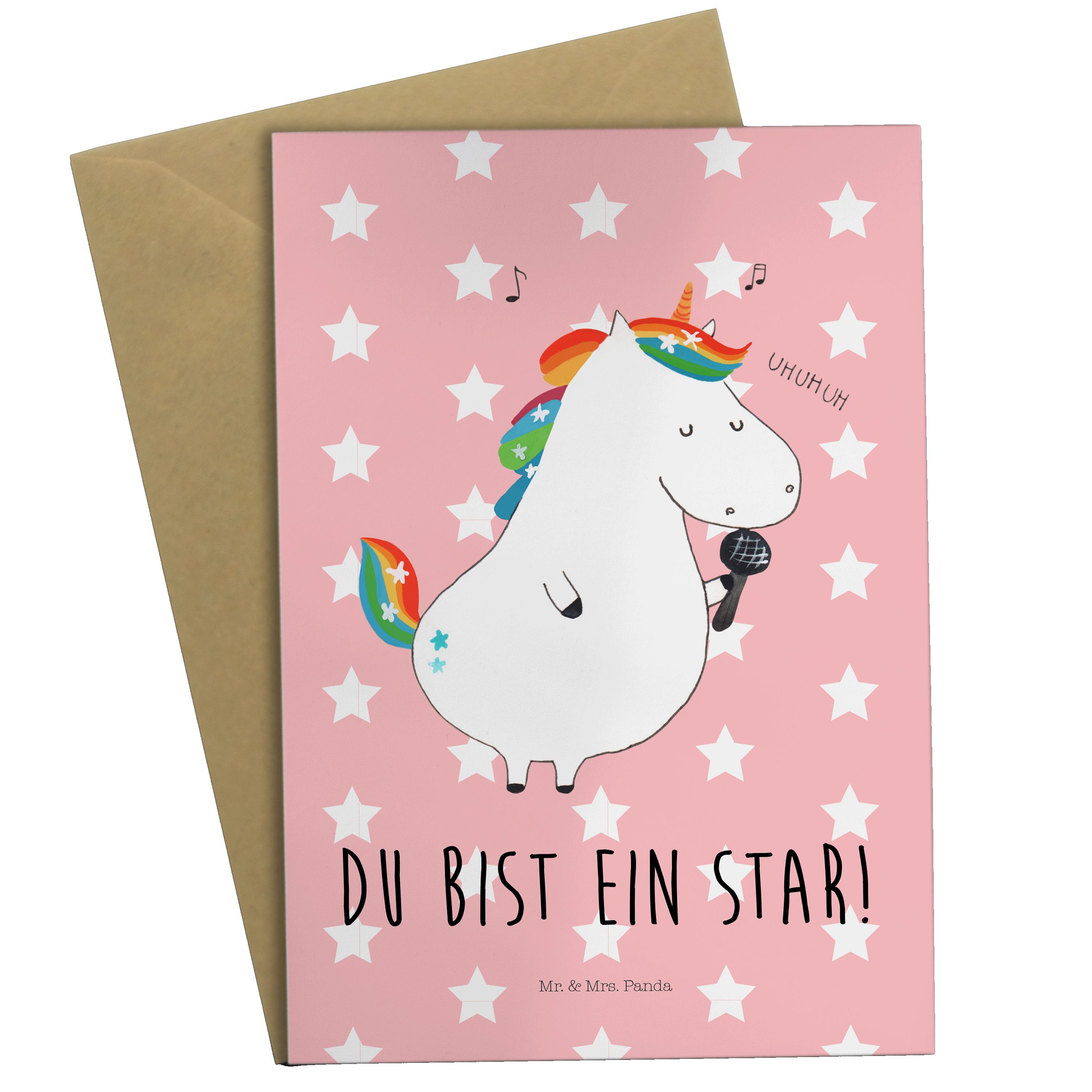 Mr. & Mrs. Panda Grußkarte Einhorn Sänger - Rot Pastell - Geschenk, Disco, Einladungskarte, Pega