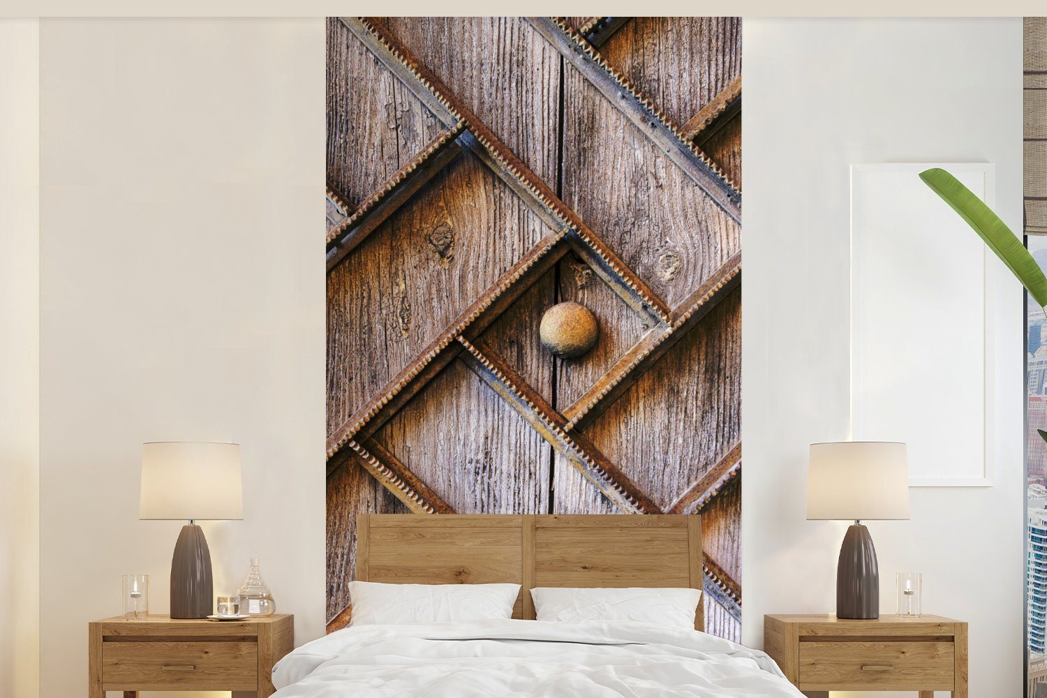 MuchoWow Fototapete Holztür mit einer Eisenstruktur, Matt, bedruckt, (2 St), Vliestapete für Wohnzimmer Schlafzimmer Küche, Fototapete