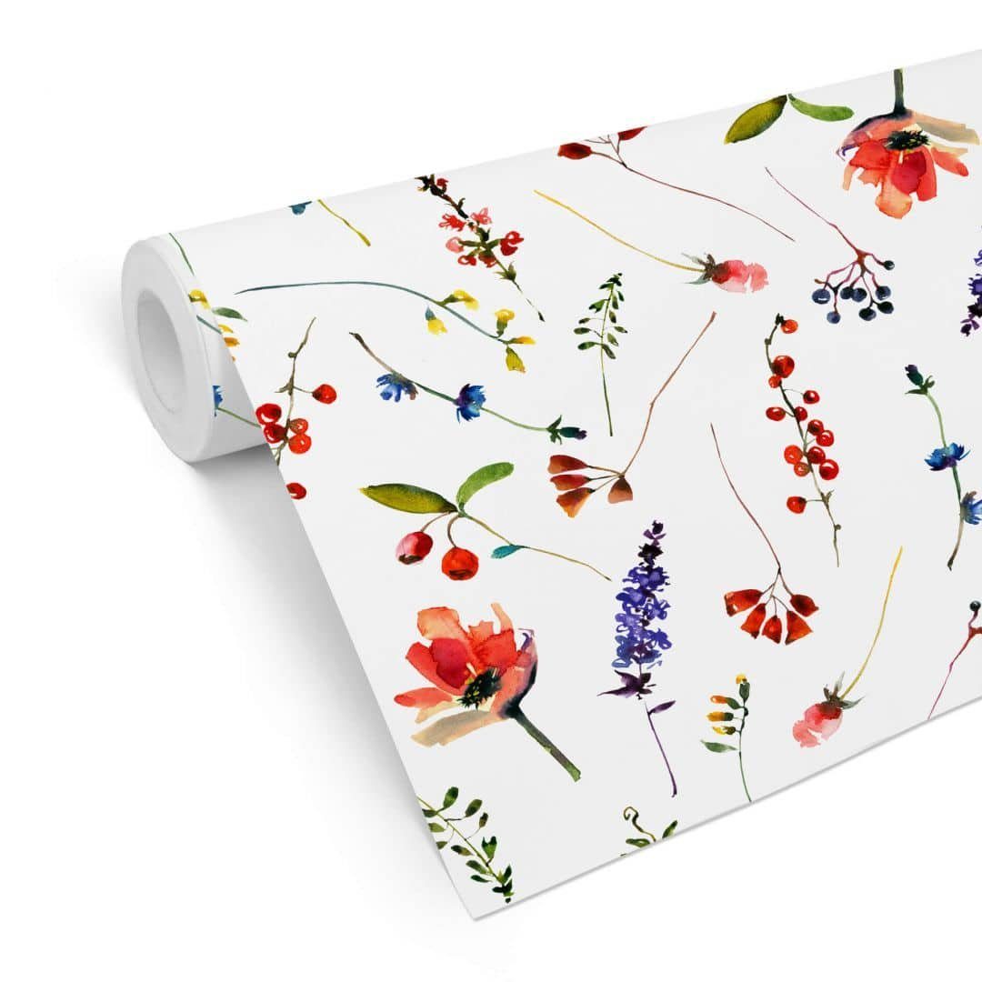 K&L Wall Art Mustertapete Hagebutte Vliestapete Blumen Johannisbeeren Botanik Blüten, Mittsommertag Tapete