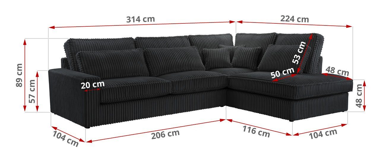 Kissen MKS dickem Cordstoff, Ecke losen CARDI, Schwarz mit gepolsterte mit MÖBEL Tilia Ecksofa