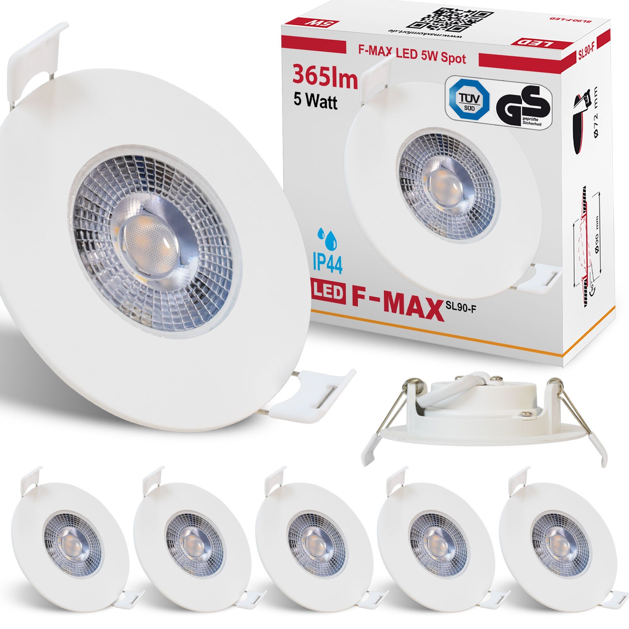 Maxkomfort LED Einbaustrahler F-Max IP44, LED fest integriert, 3000K, Warmweiß, Einbauspot, IP44, Spot, 3-Stufen Dimmbar, Warmweiß, Flach, Rund