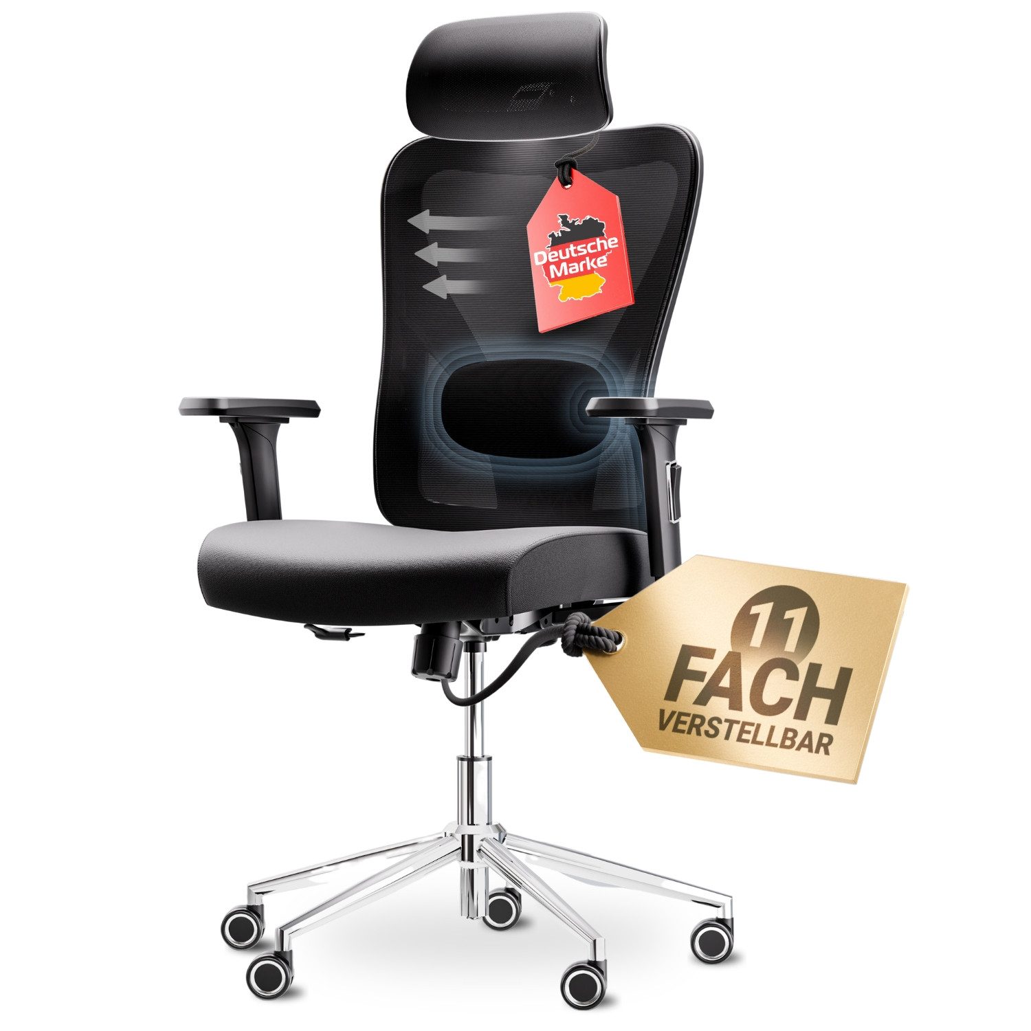LUTIVO Bürostuhl Ergonomisch & Individuell Anpassbar, Home Office Schreibtischstuhl (Bürostuhl Alpha, Bravo), Einstellung für Sitzhöhe, Kopfstütze, Armlehnen und Rücken Support